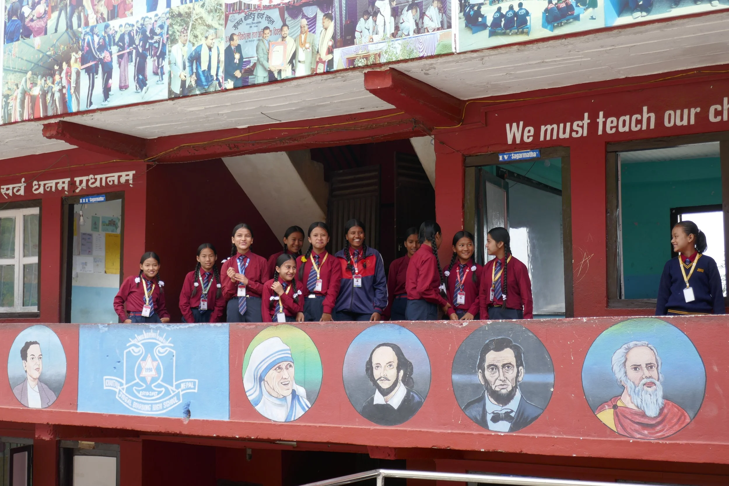 Students outside classroom at Jyugal Boarding High School in Nepal
