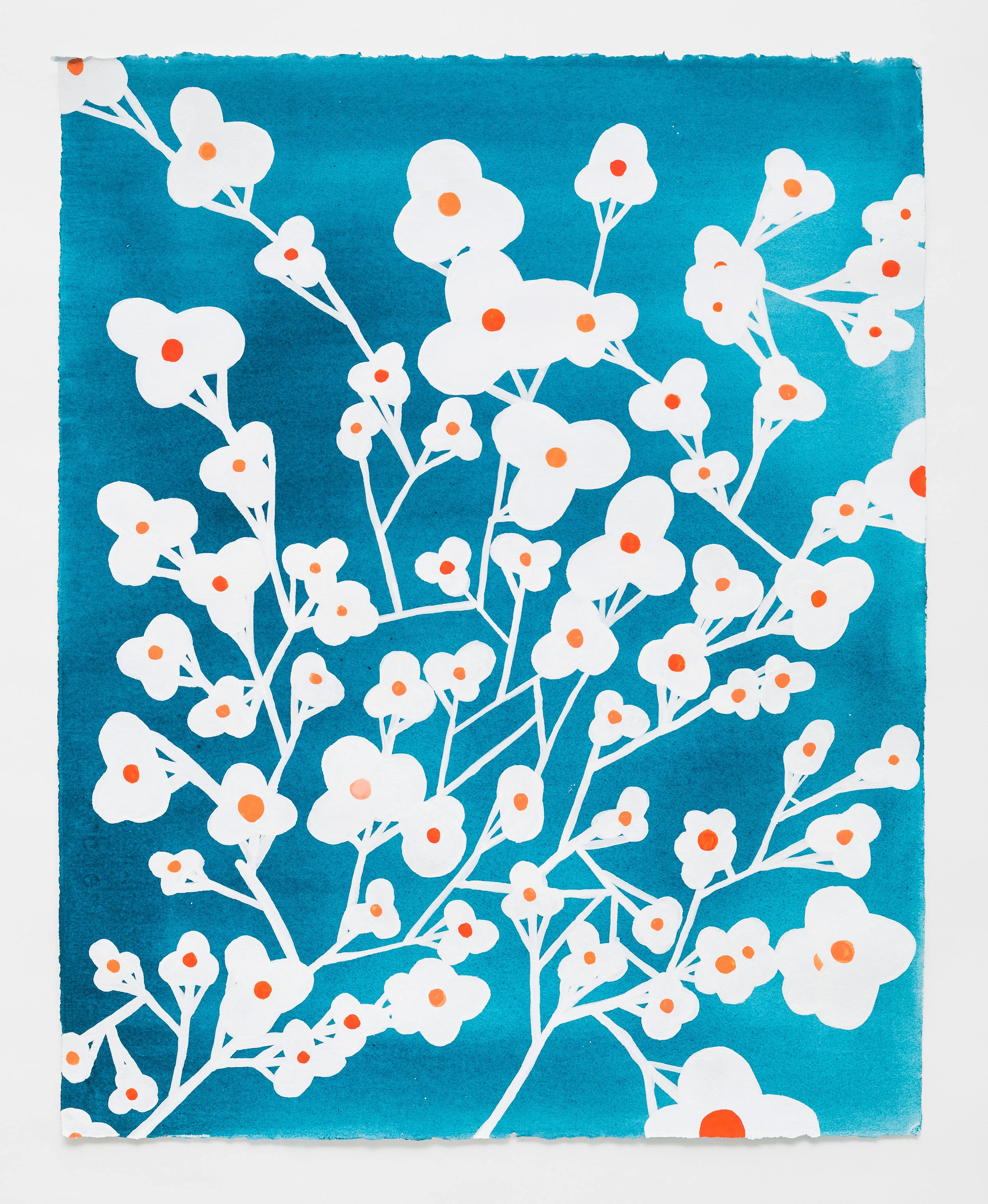 Flower Series: White on Blue , 2016 Flashe on Arches | 16"w x 20"h