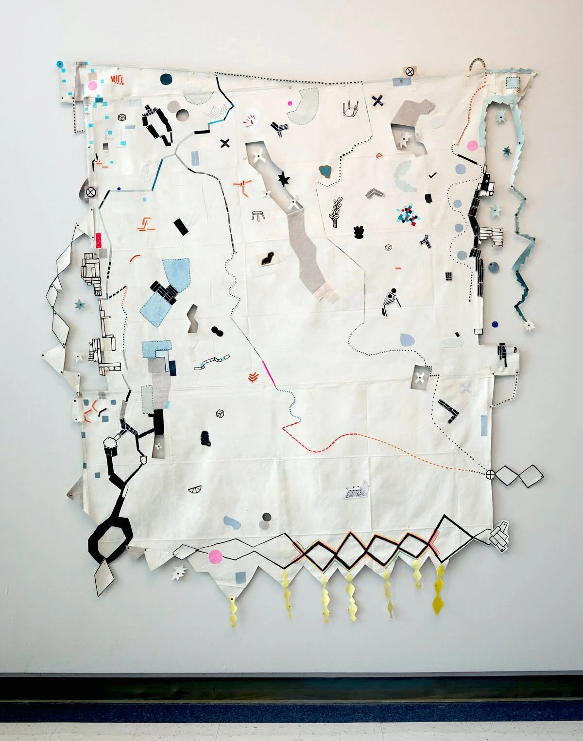 Drop Cloth ,  2019 | Collage and acrylic on drop cloth, nails | 101” x 96” x 2”