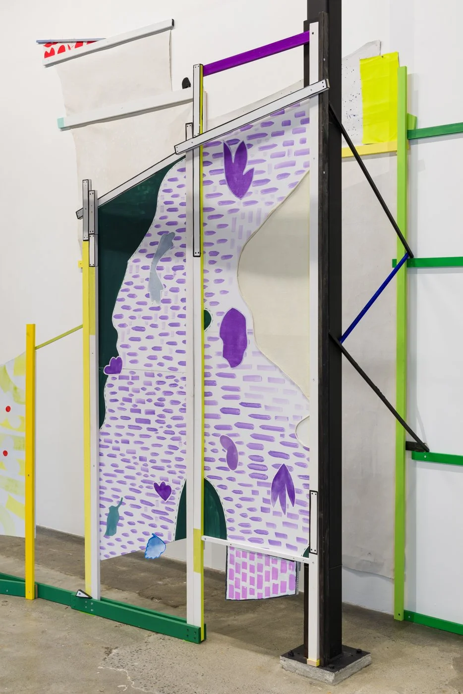   Coming Together, Falling Apart (detail) | 2022   Lumber, cardboard shipping corners, hardware, canvas, house paint, acrylic paint, foam core, MDF, sculpey, ceramic, scrap wood, futon frame slats, wood shims, existing steel beams of gallery. 