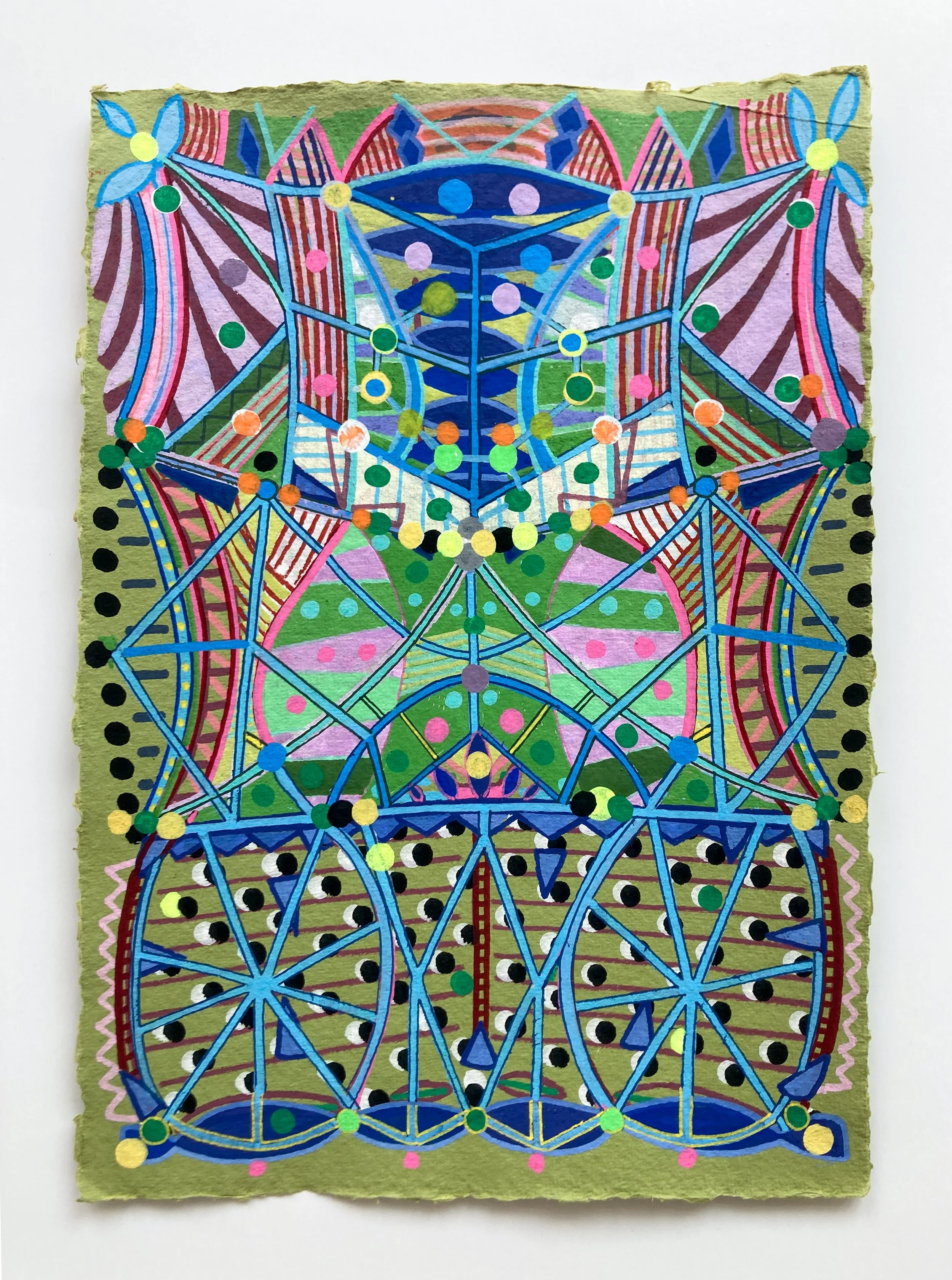  “Decorative Structure on Pea Green” | 2023 | Acrylic paint pen on handmade paper | 11” x 9” 