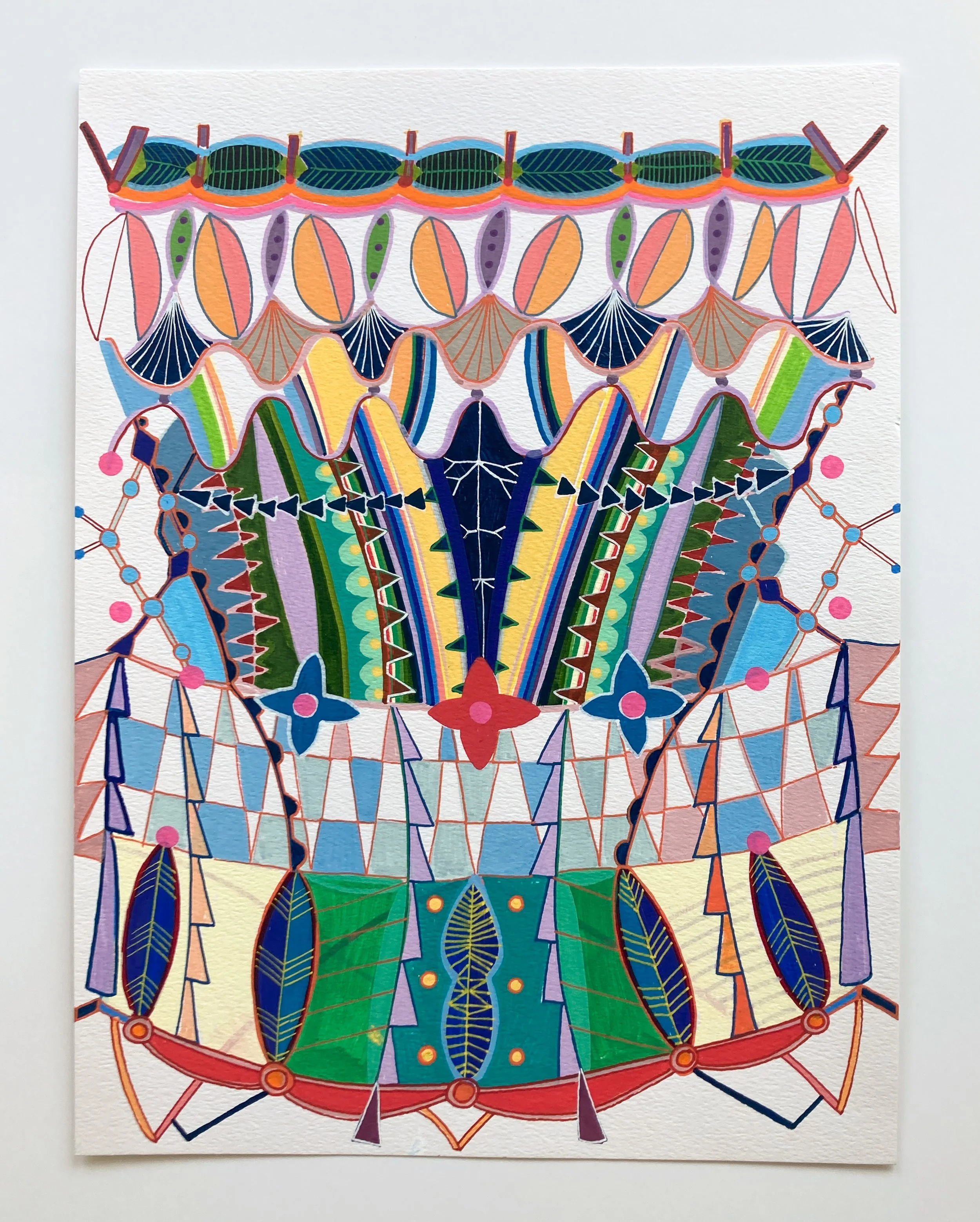  “Decorative Structure” | 2023 | Acrylic paint pen on handmade paper | 11” x 9” 