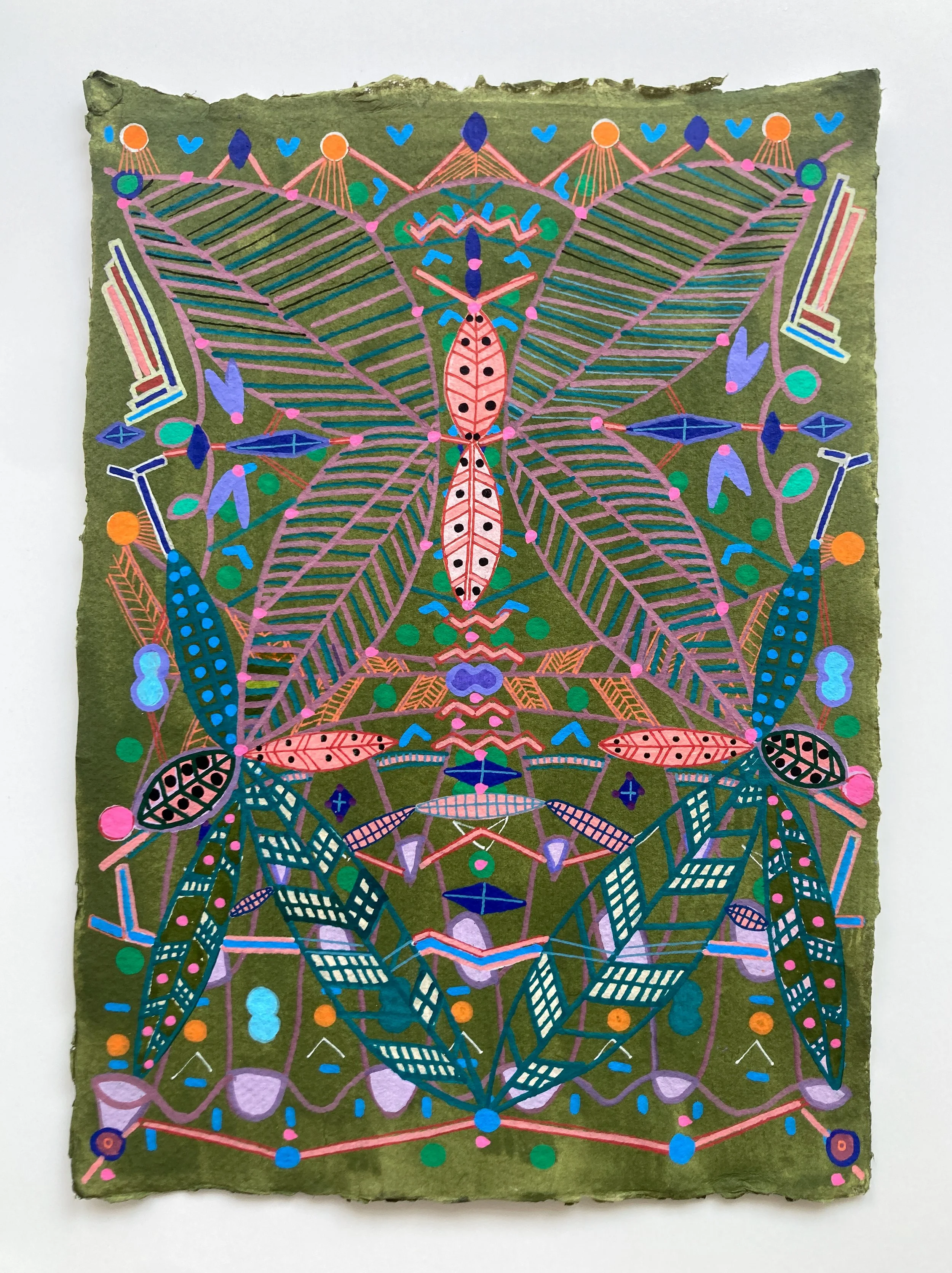  “Decorative Structure on Olive Green” | 2023 | Acrylic paint pen on handmade paper | 11” x 9” 