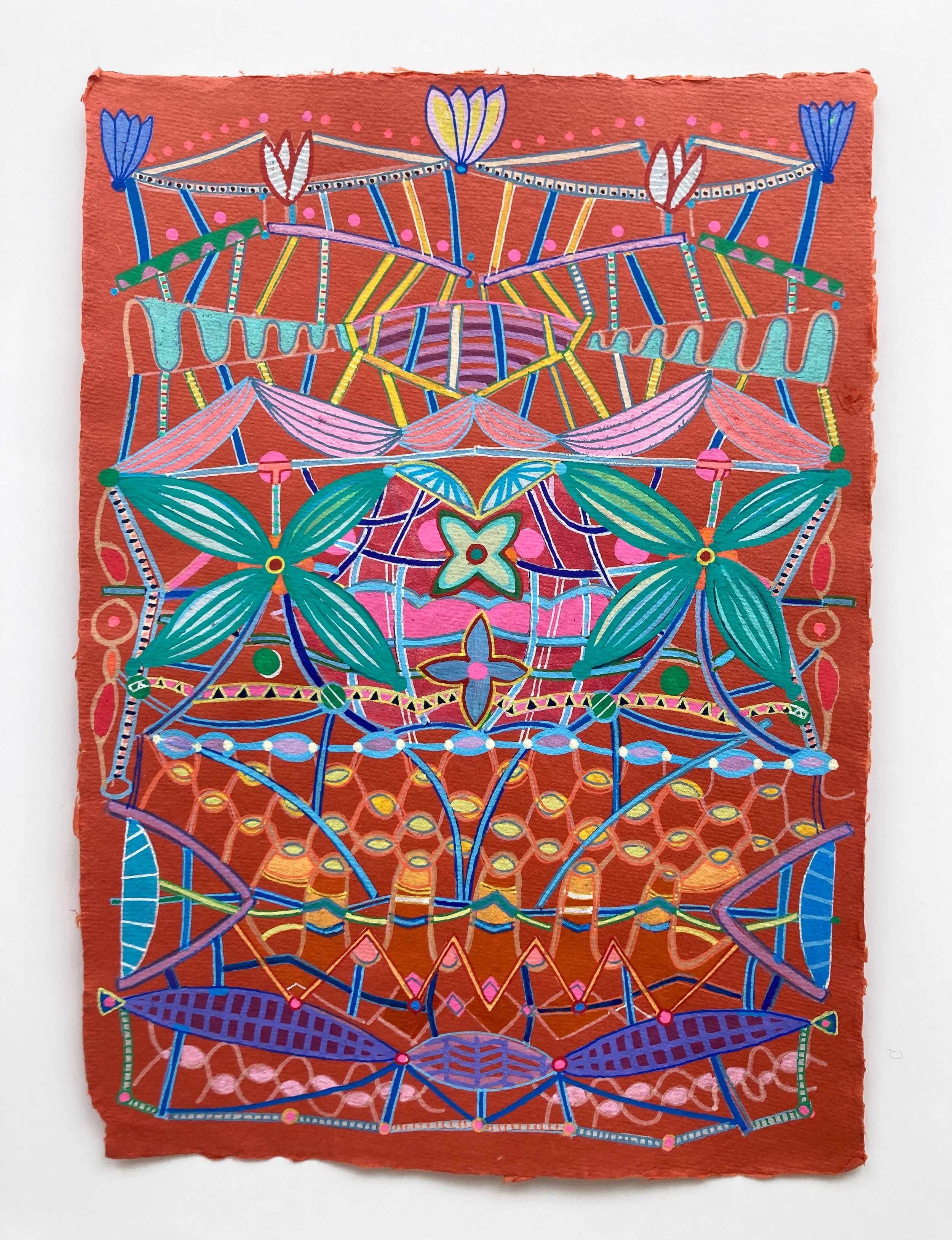  “Decorative Structure on Rust” | 2023 | Acrylic paint pen on handmade paper | 11” x 9” 