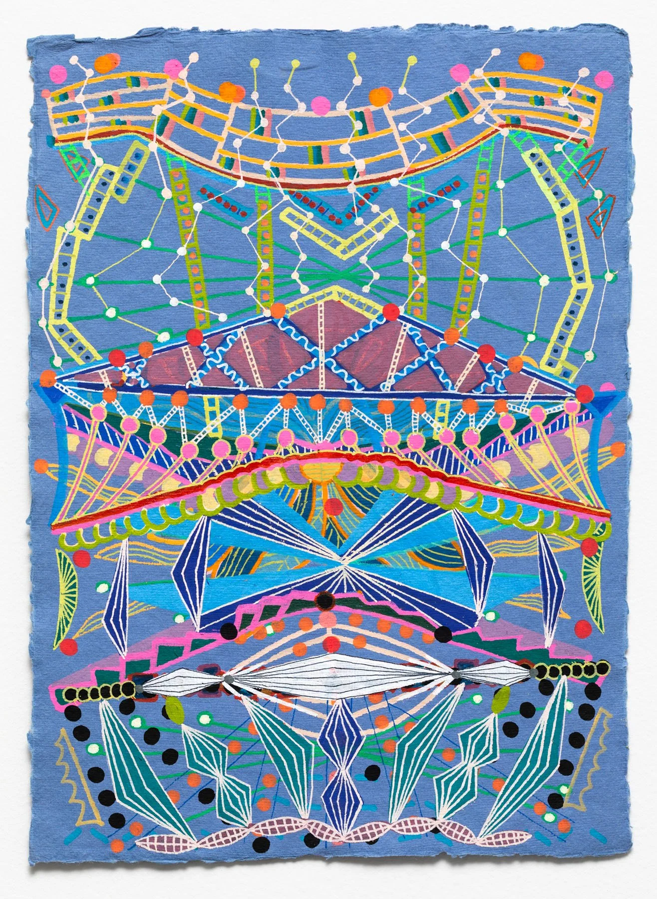  “Decorative Structure on Blue” | 2024 | Acrylic paint pen on handmade paper | 11” x 9” 