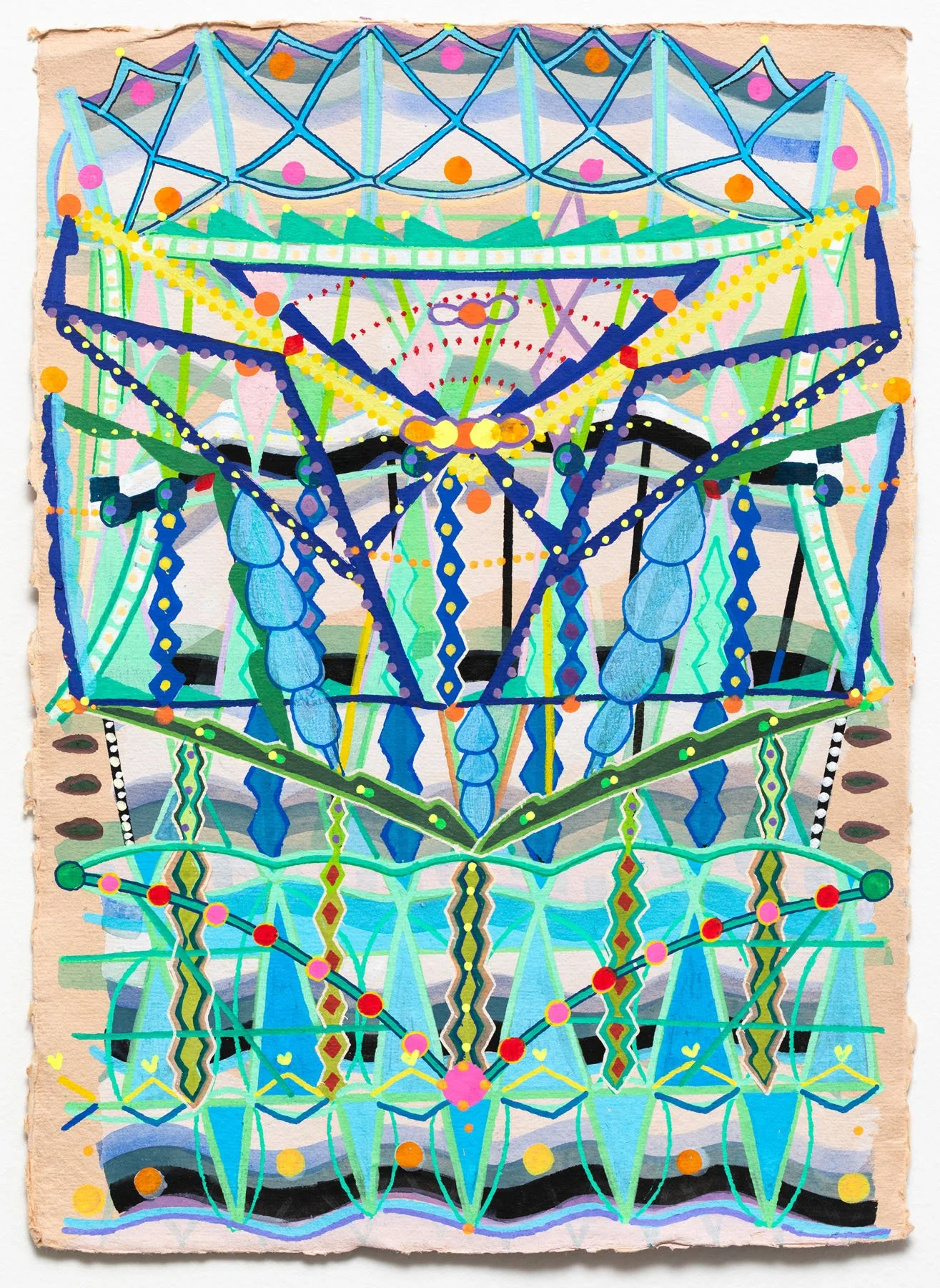  “Decorative Structure Aqua on Sand” | 2024 | Acrylic paint pen on handmade paper | 11” x 9” 