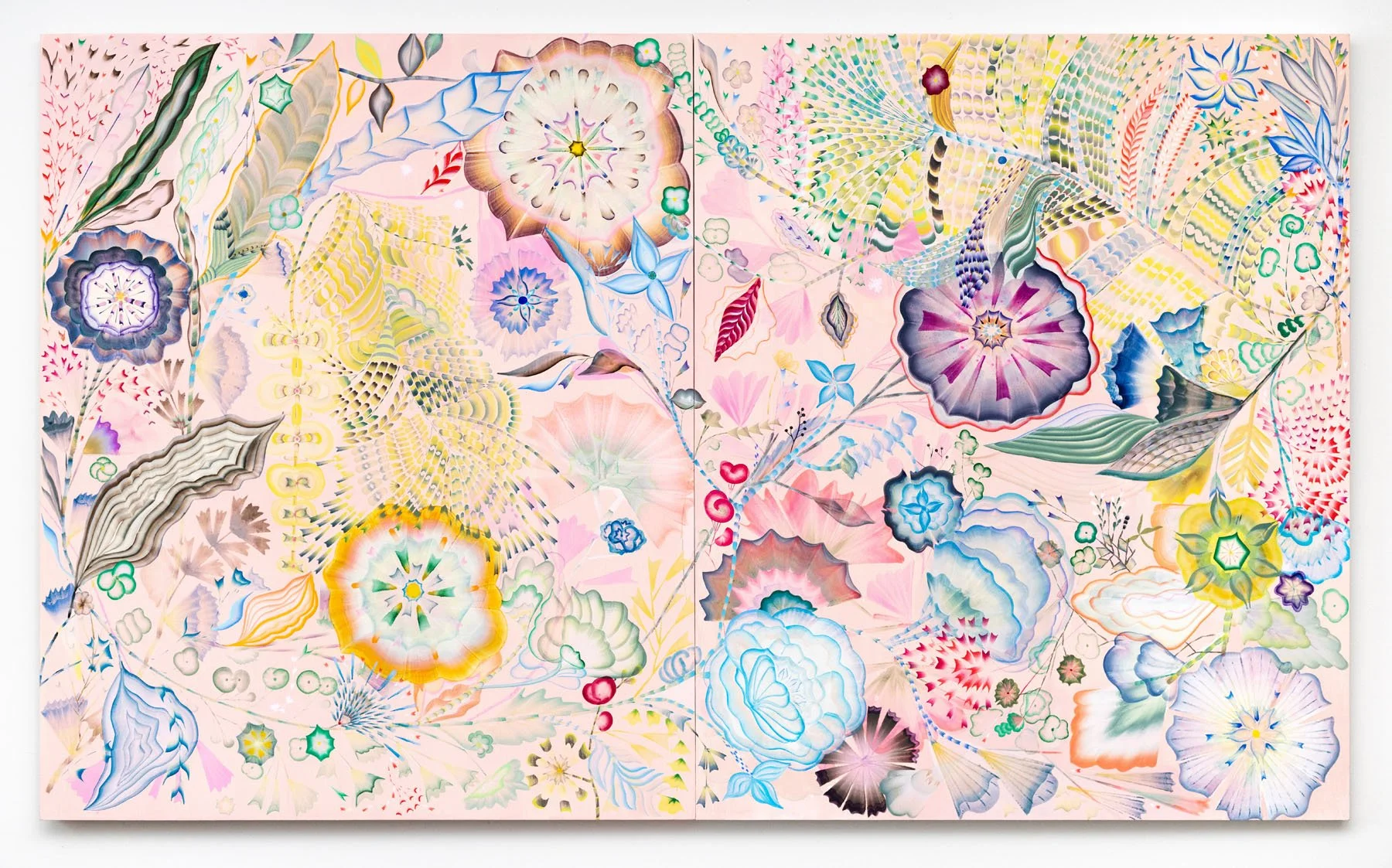   Pink Garden , 2025-26 Flashe, acrylagouache, acrylic on prepared canvas | 60” x 100” x 1 1/2” 