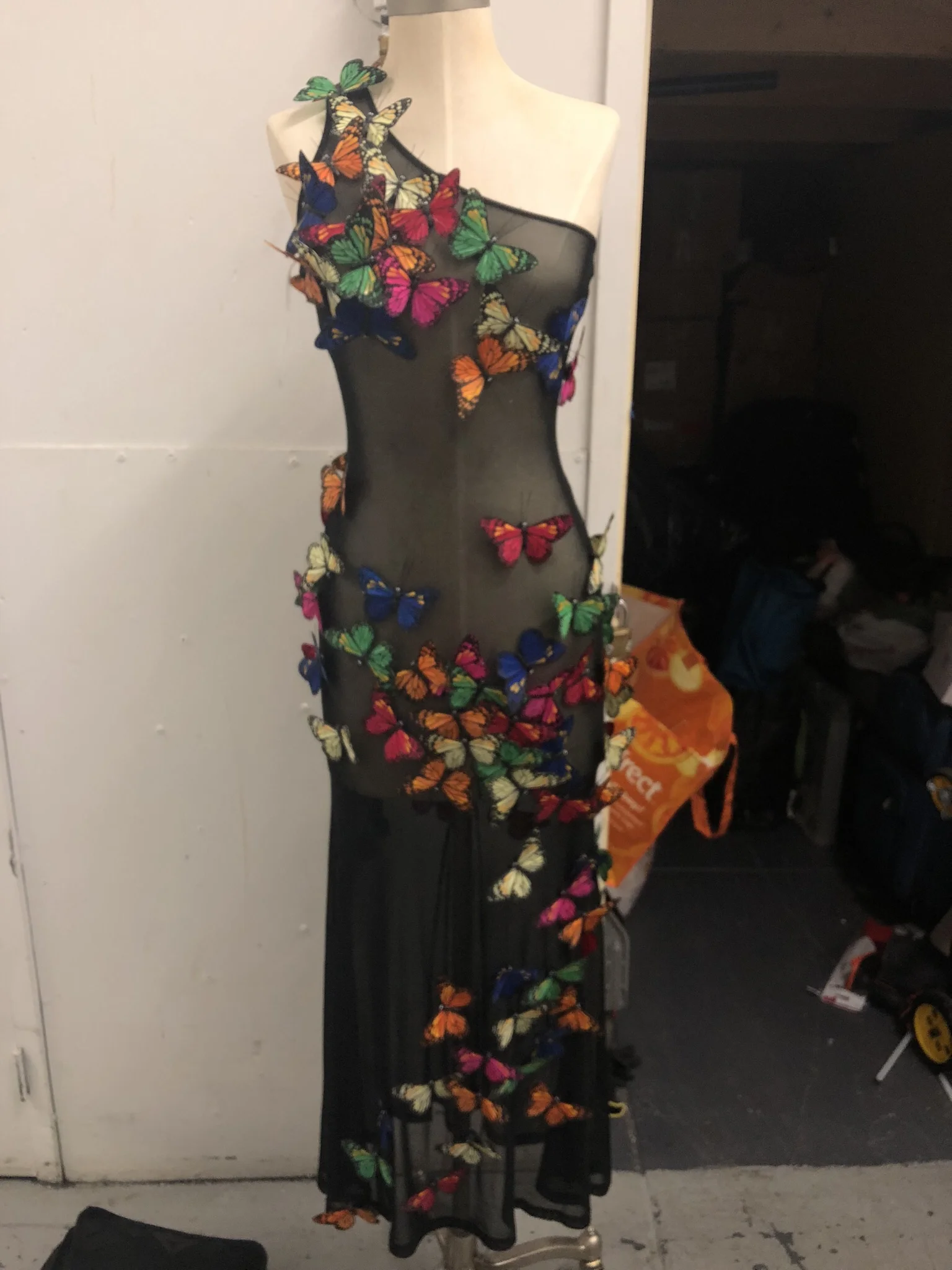 Butterfly dress. I have used this already. Second version I’d like to cut up dress into smaller top and bottom, and attach individual butterflies to model (double sided tape) and cover background walls with more.