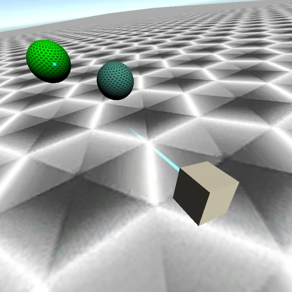 The VR Hand Controller laser has grabbed the sphere and has changed its color while doing so upon hover.