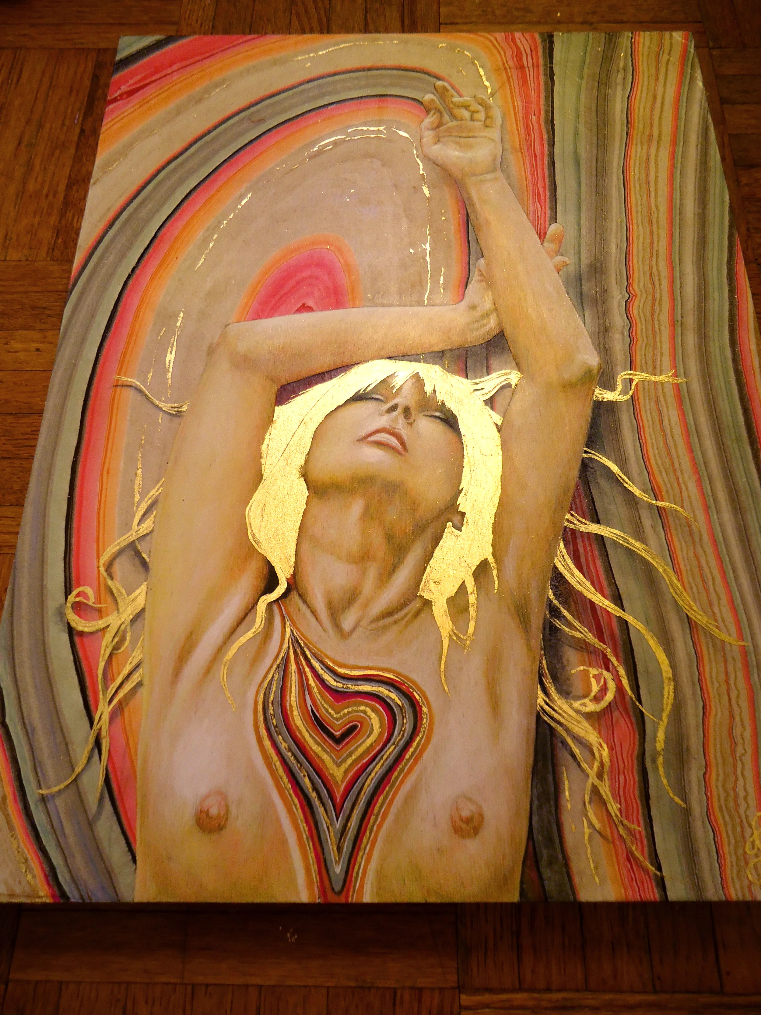 Angled to catch gold leafing
