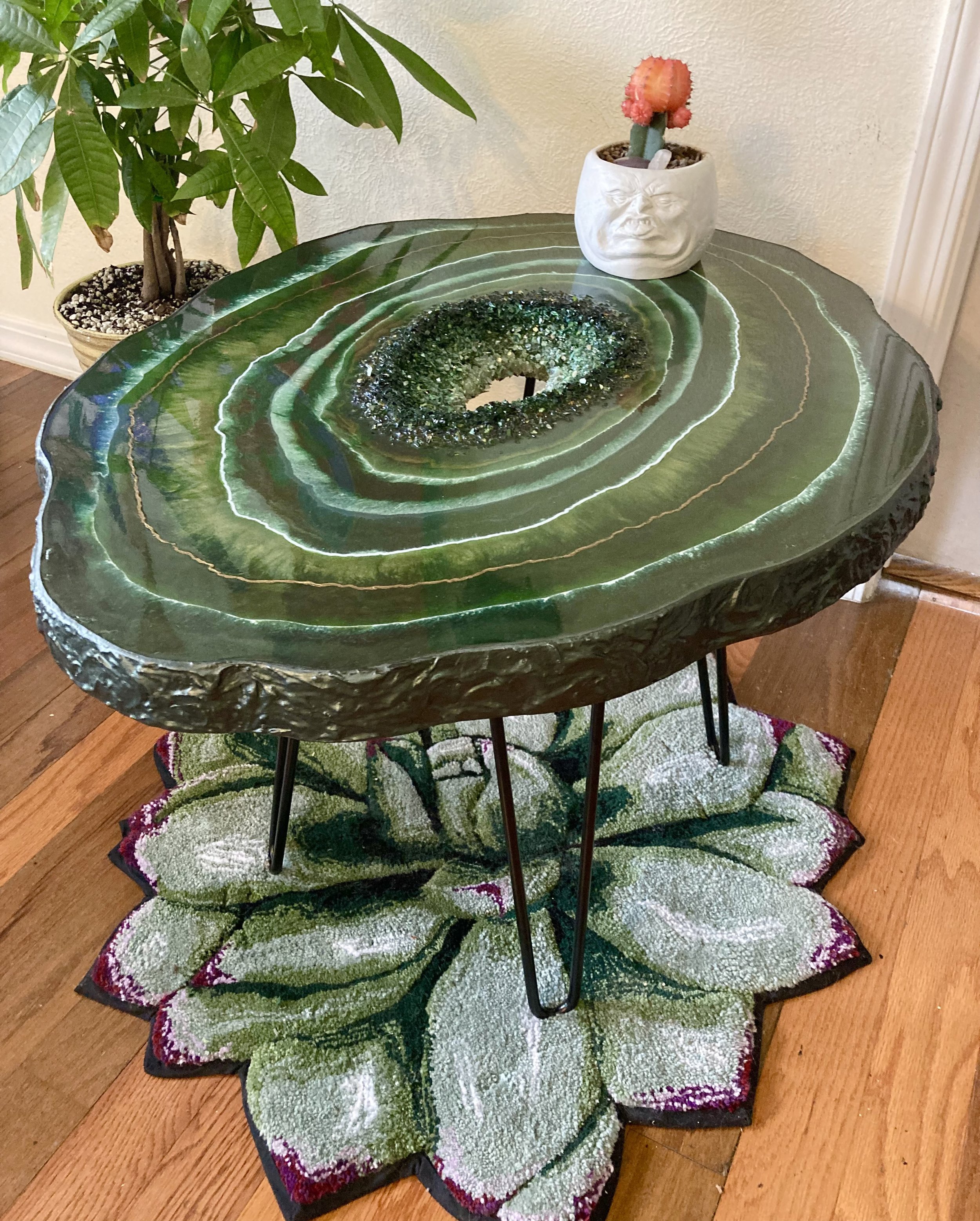 24”x30” faux geode coffee table created with epoxy resin, glitter, pigments, and crushed glass. Dark green Faux Geode End Table