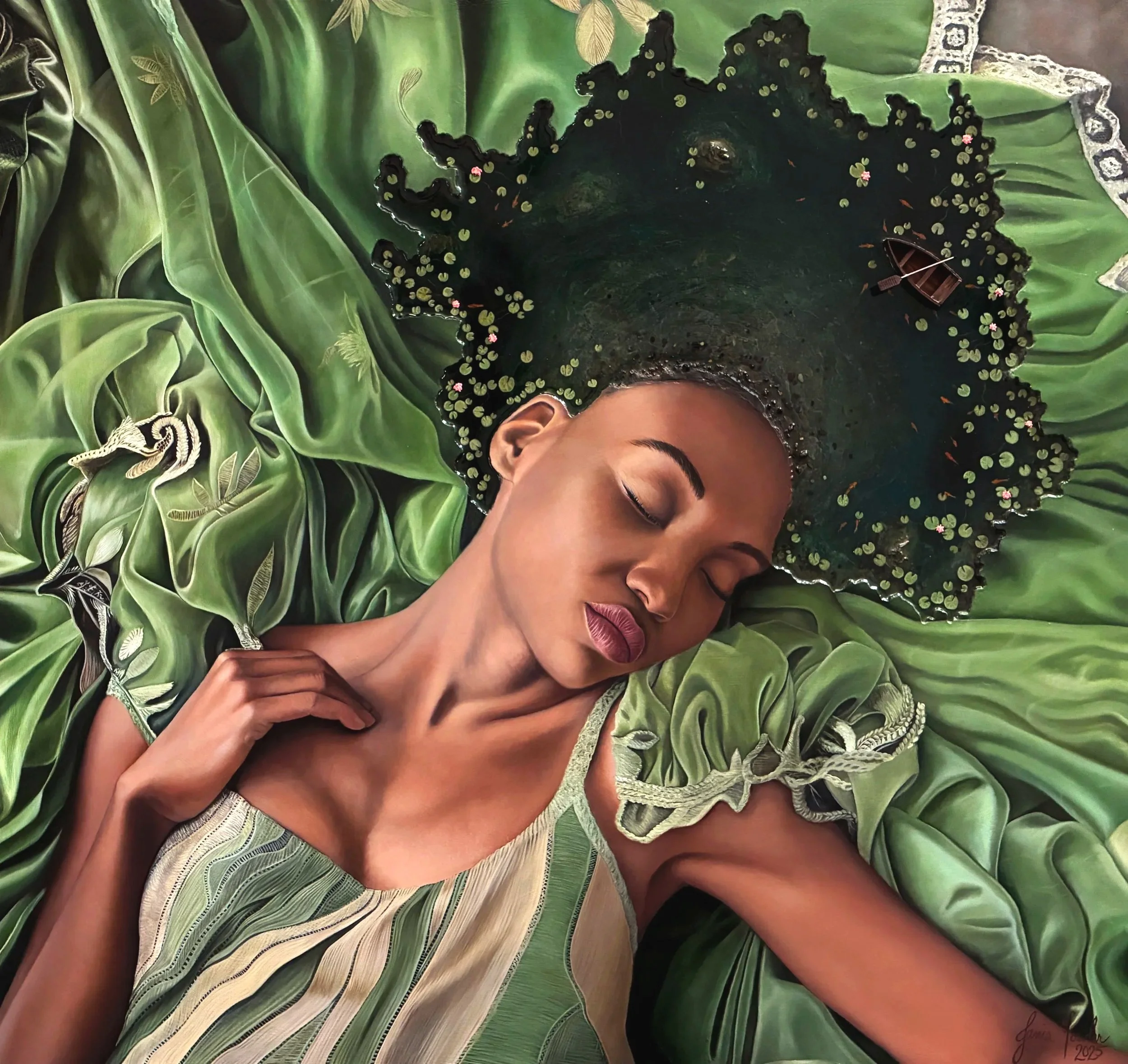 "Mother Nature", 24"x24" Oil Painting with Epoxy resin pond and 3d-Printed Rowboat, 2025