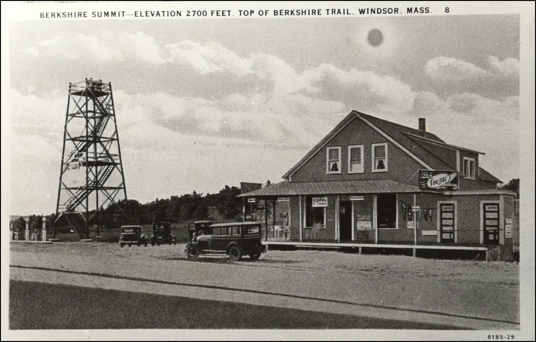 Vintage postcard image of the Berkshire Trail Cafe, when the viewing tower still stood.