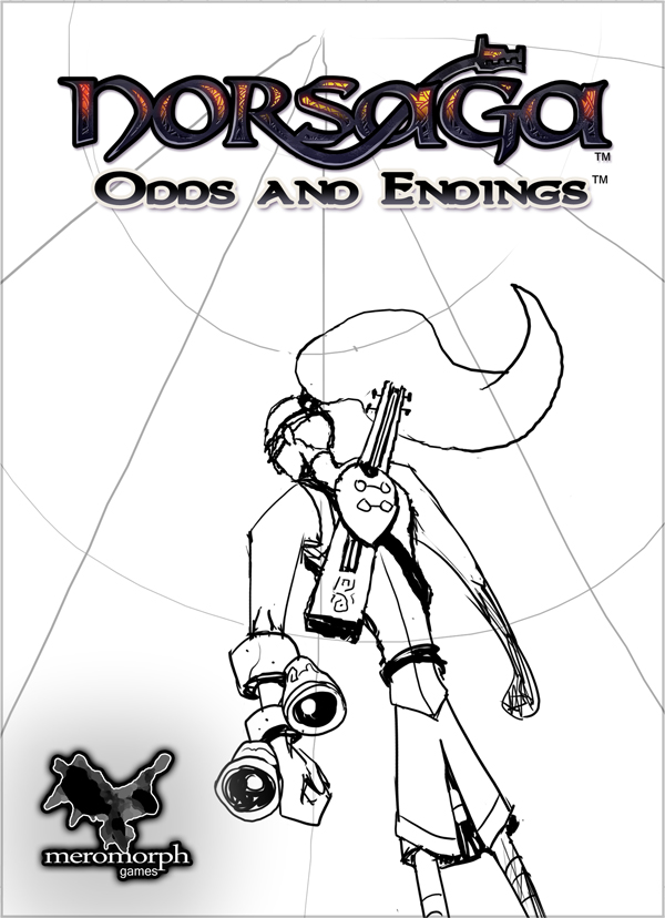 First boxart sketch, demonstrating early character design and point-of-view facing the upper left. Background scene would have eventually featured a warring god and ettin.