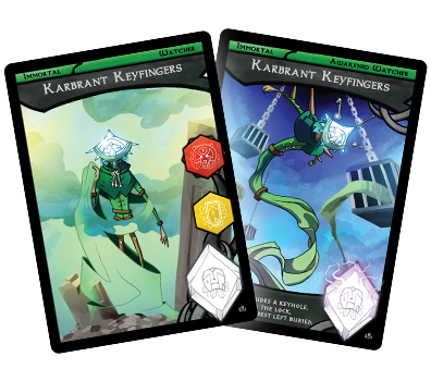 Card art for the green immortal watcher, Karbrant Keyfingers.