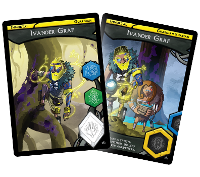 Card art for the yellow/blue immortal guardian shaman, Ivander Graf.