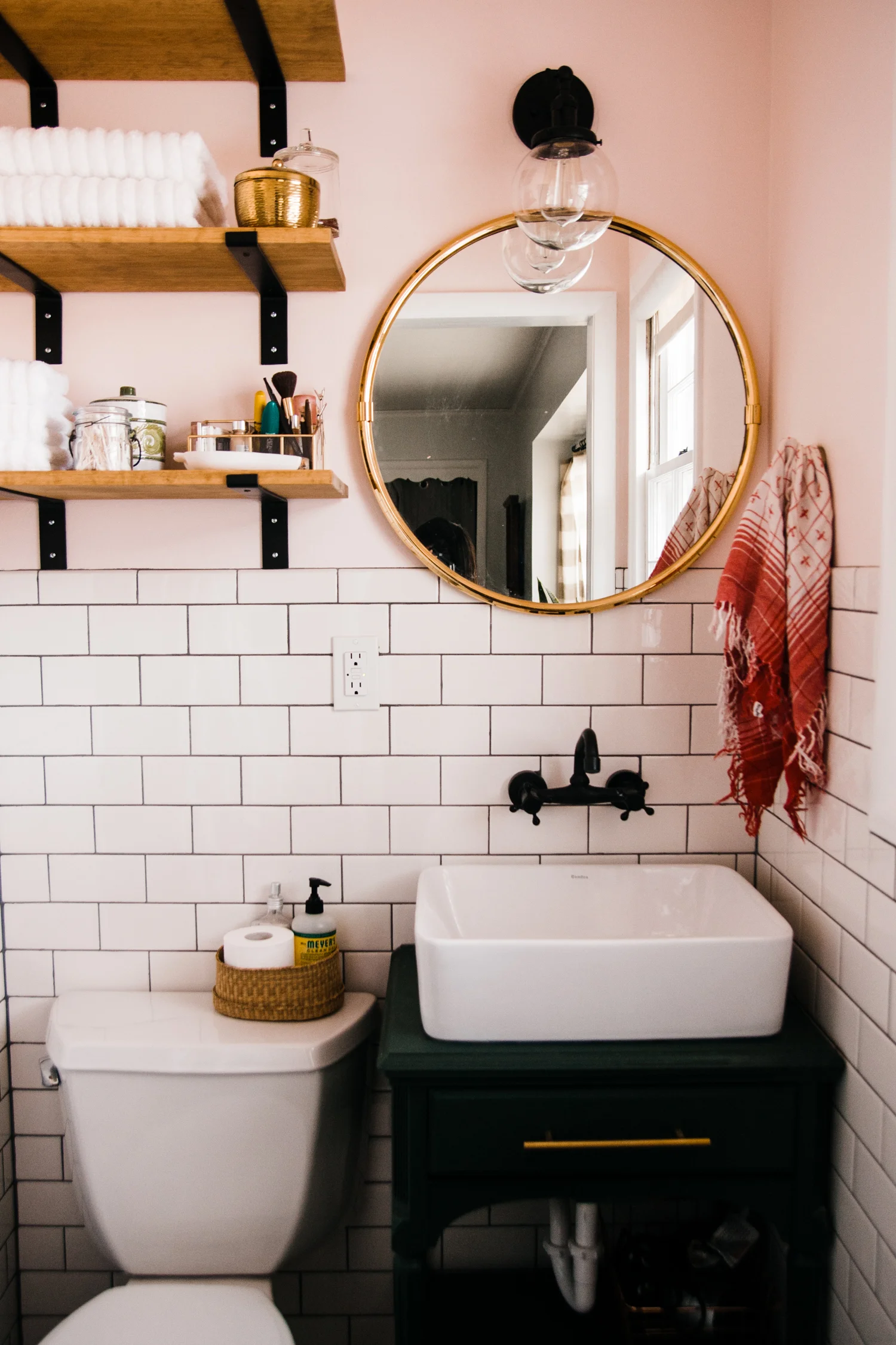 The couple recently renovated the small master bathroom.
