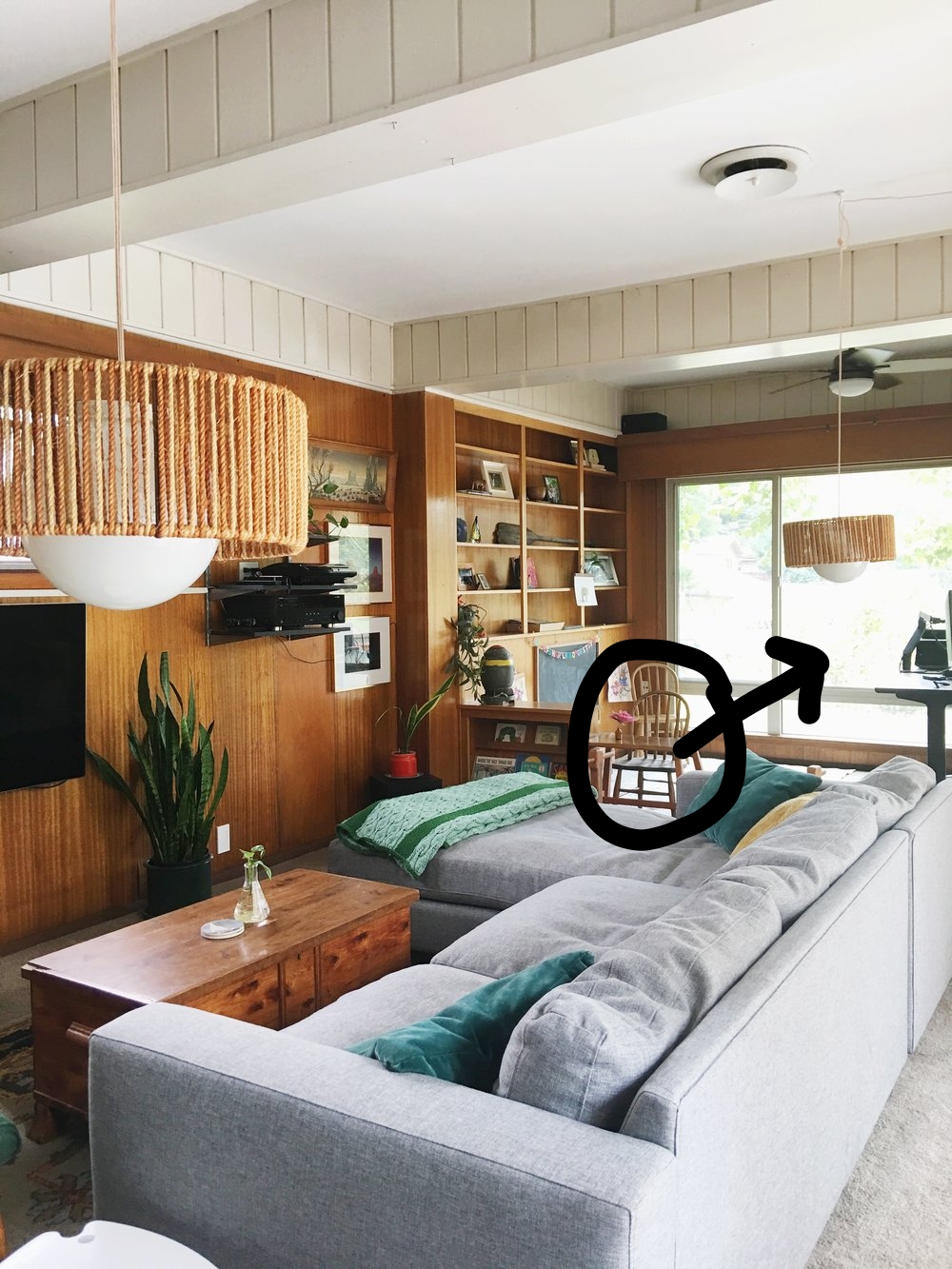 These doodles show where I first positioned my chair. It was just a few feet from the large window with the main TV area behind it.