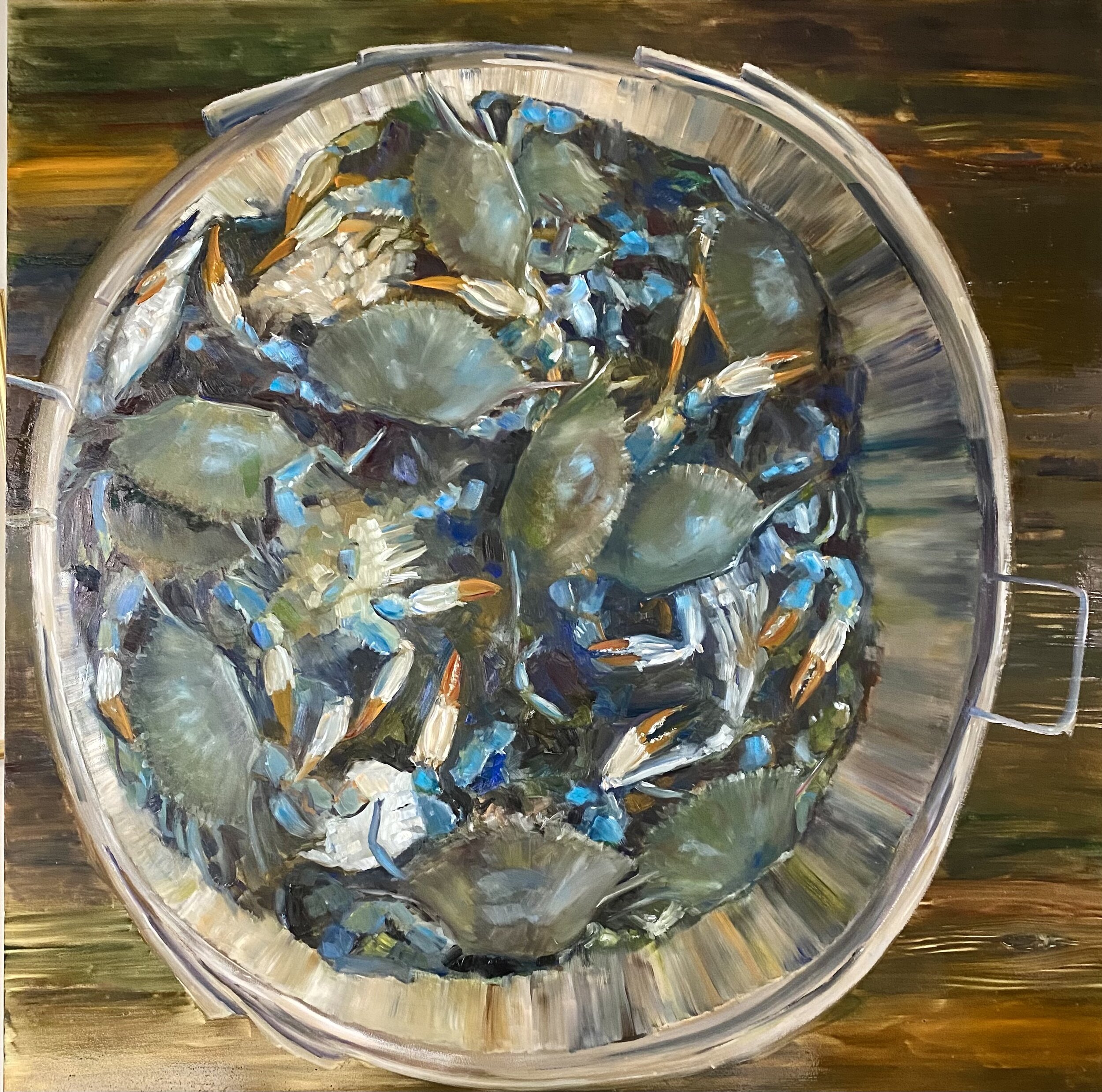 Bushel of Blue Crabs, Oil painting on wooden panel, 32" square