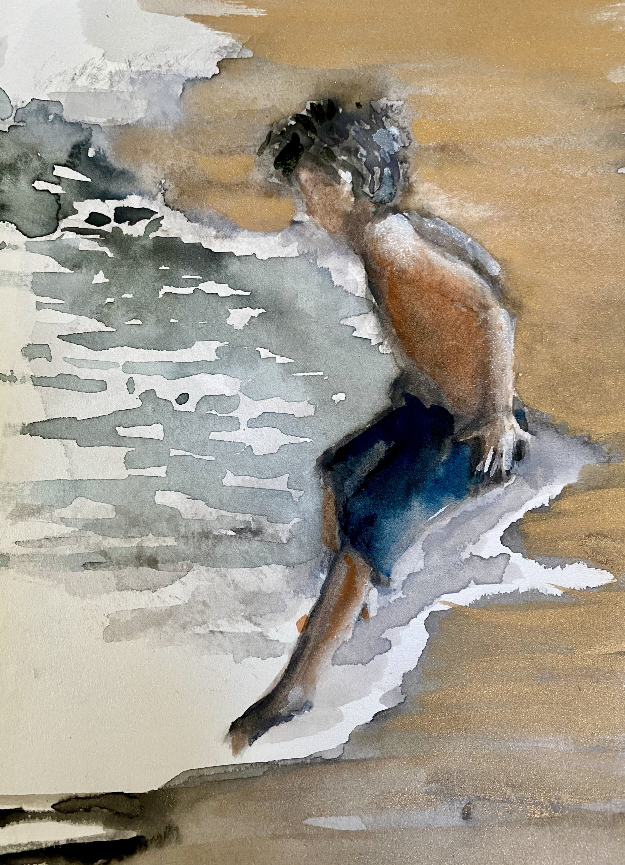 SOLD Wave jumper, watercolor, 7 x 10"