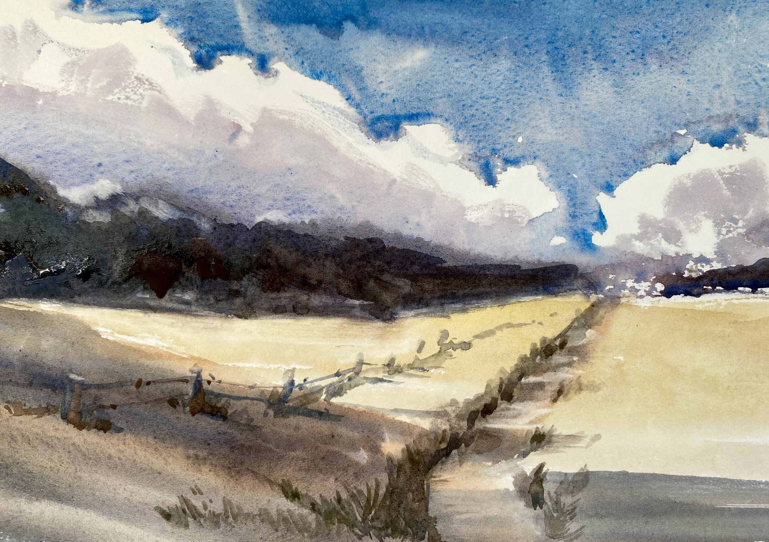 Fenceposts, Watercolor 7 x 10"