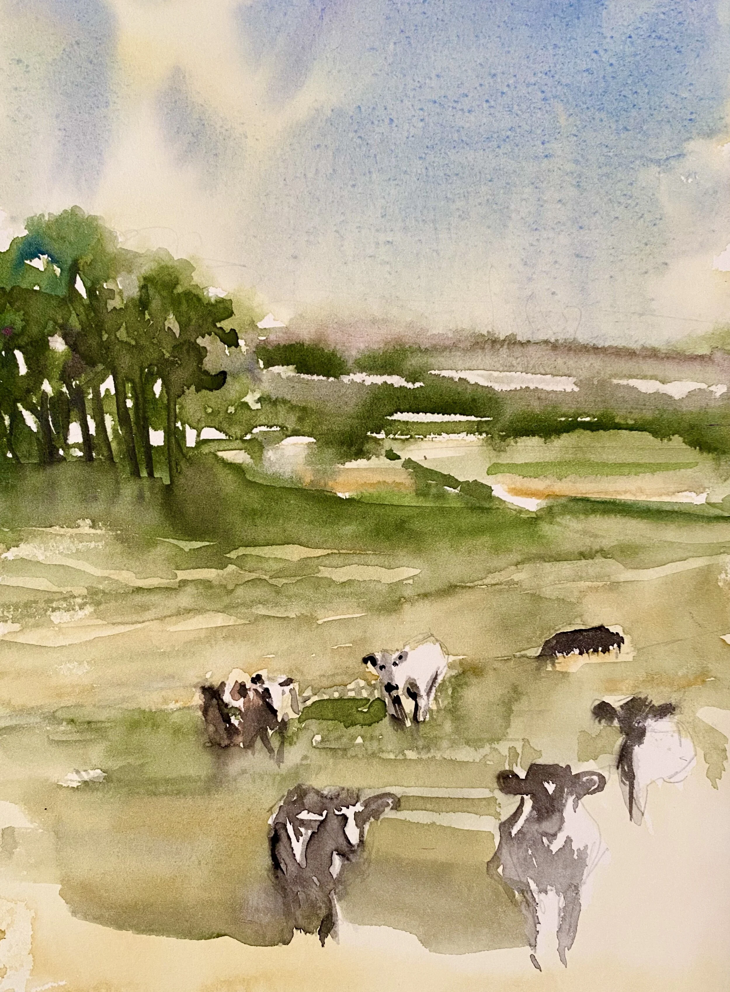 Milking time, Watercolor vignette, 7 x 10"