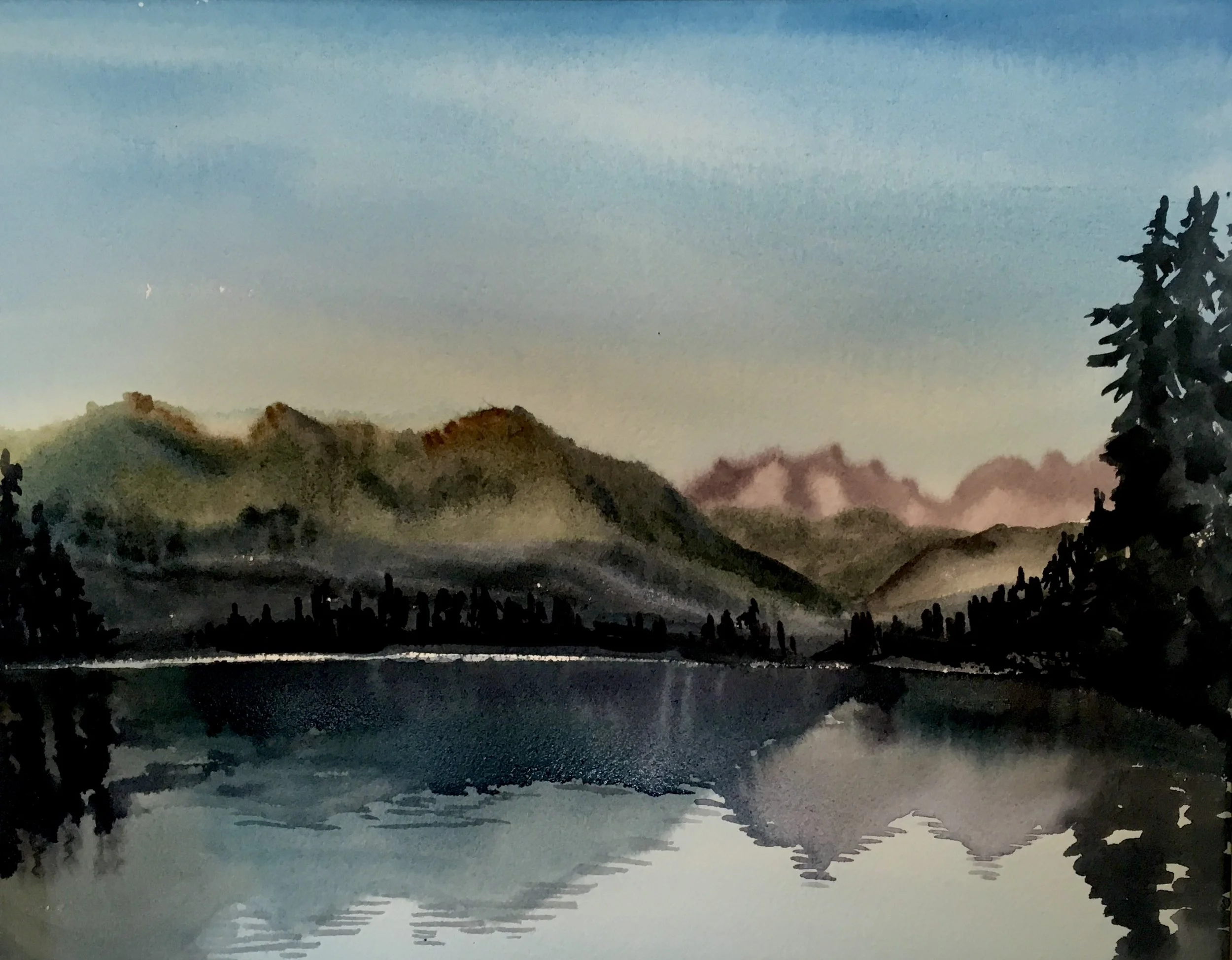 SOLD Cooper Lake, WA, watercolor, 10 x 14'
