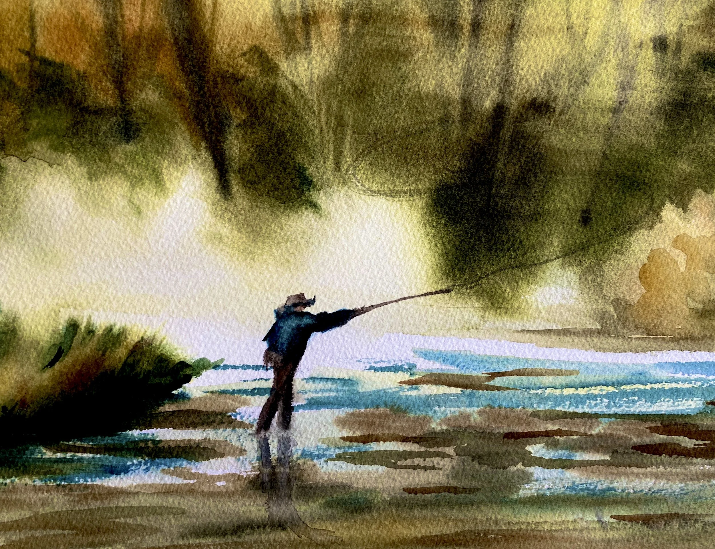 Last Cast of the Day, Montana watercolor, 9 x 12"