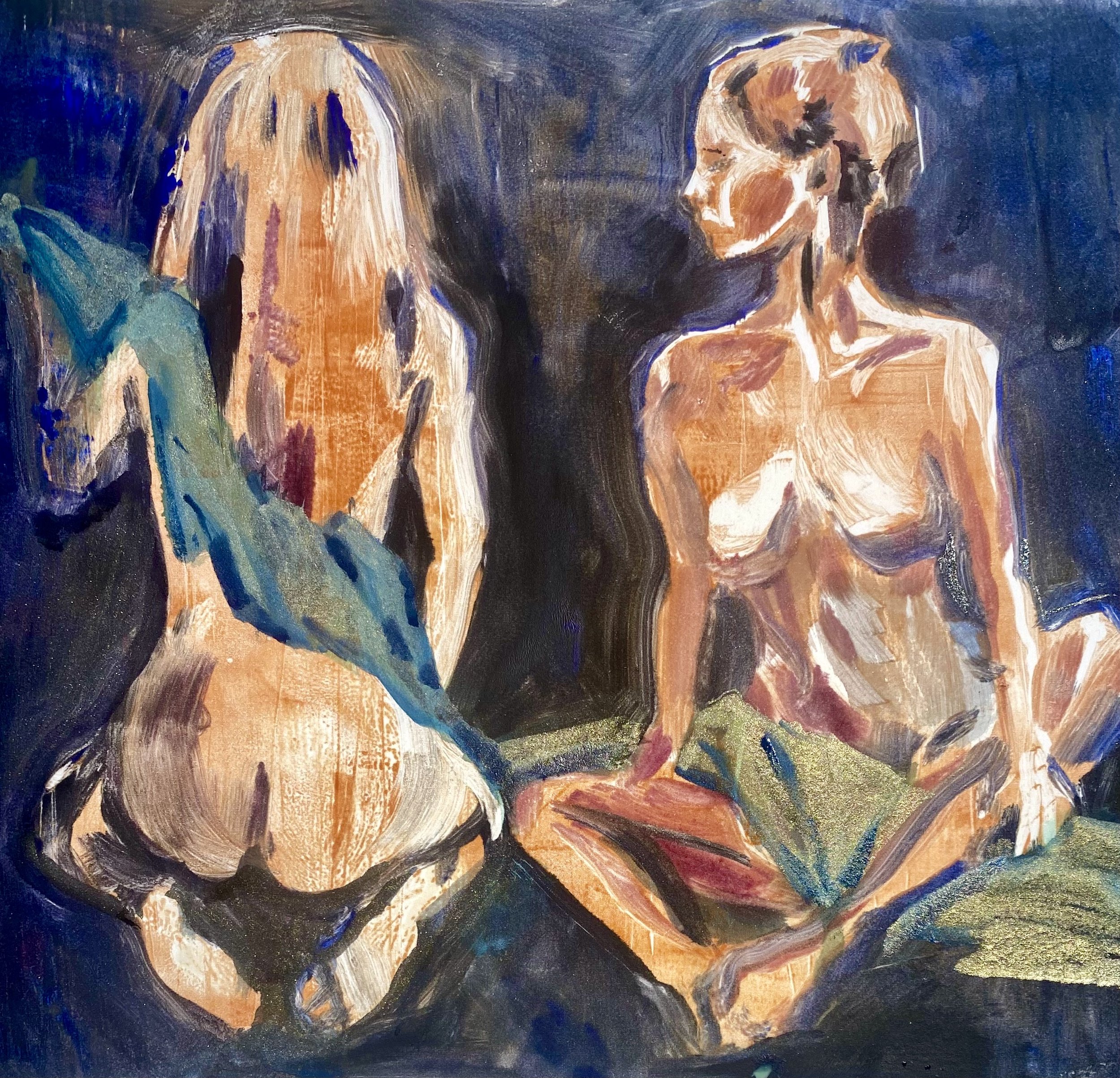 Two Figures with a green scarf, Monotype, 12 inch sq"(1/1)