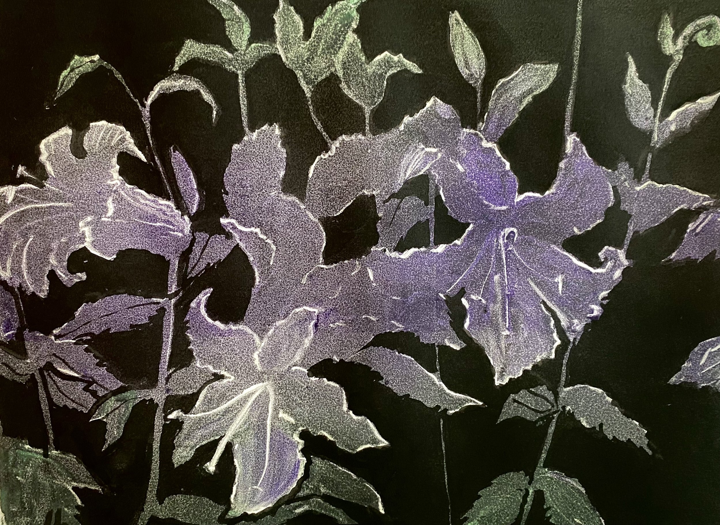 Night Lilies, 12 x 16, monotype, (1/1)