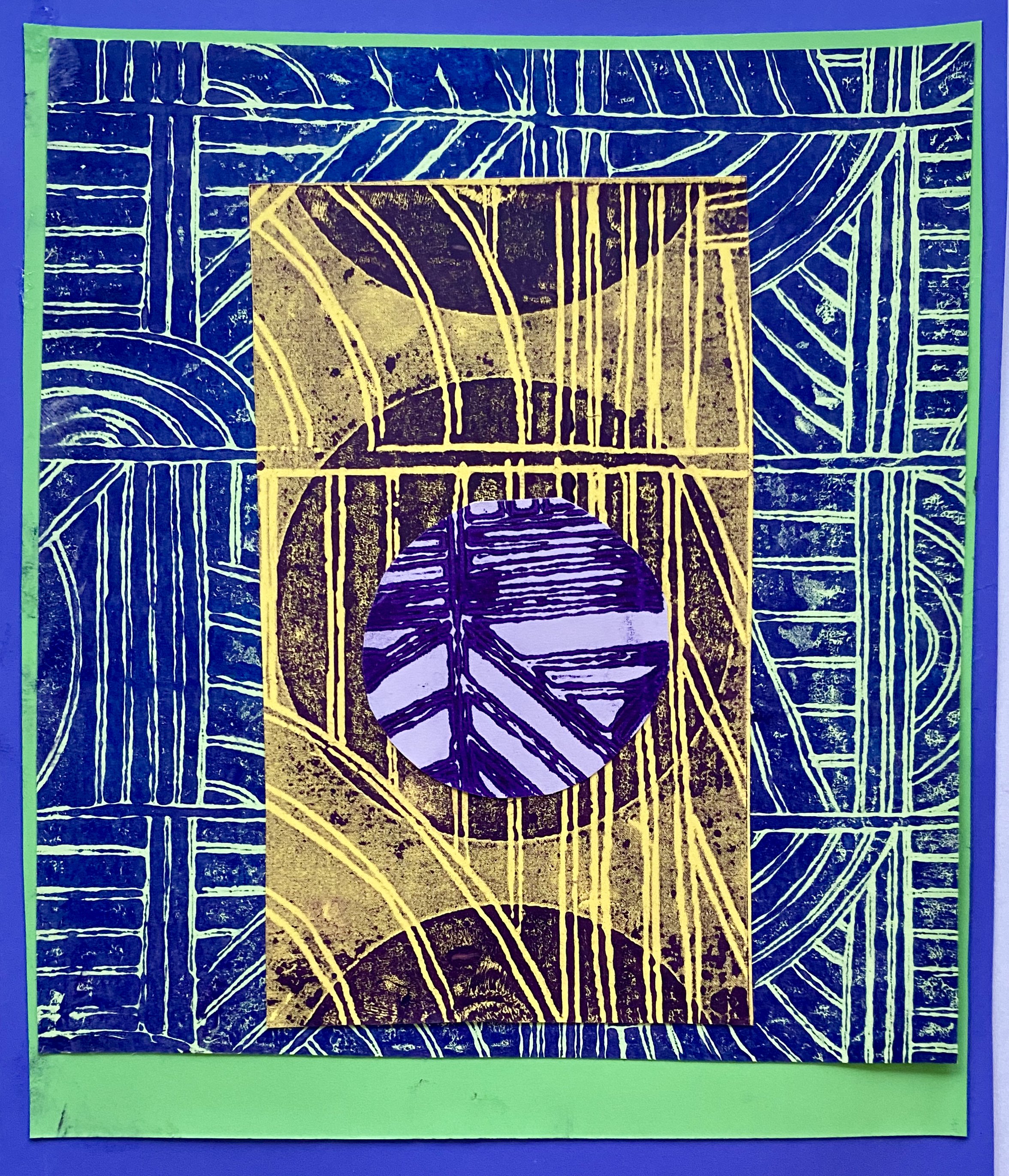 Rattan Color Study, Blue/Yellow, analogous green 6 x 9", collage/litho