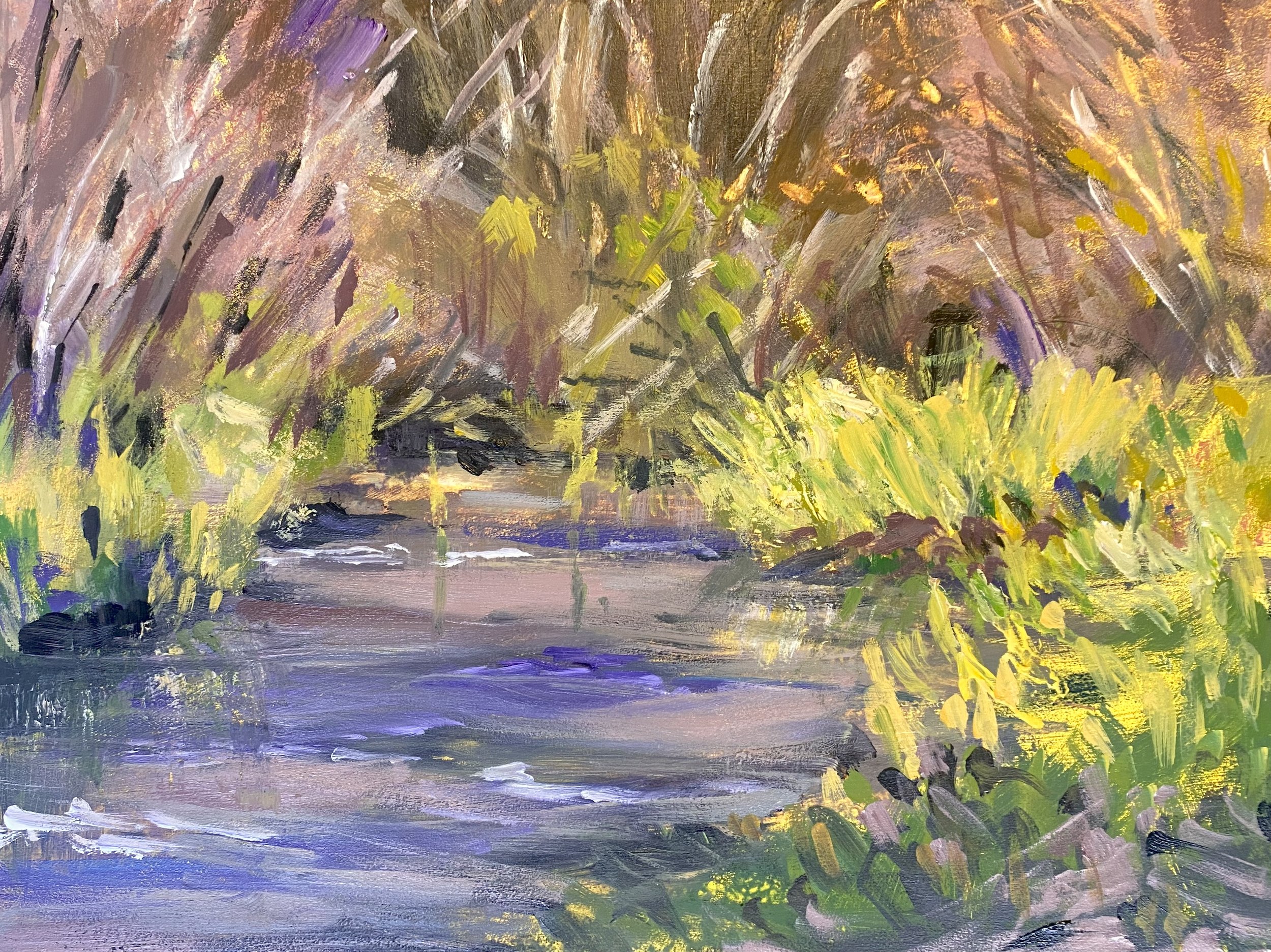 Spring Brook, color study in Violet/Yellow with split, blue/green 8 x 10 on panel, acrylic.