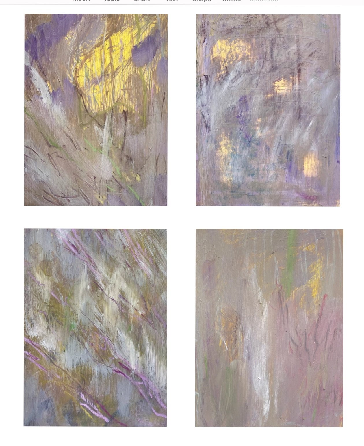 Four color studies, Violet/Yellow, each 6 x 9", acrylic on Bristol Board