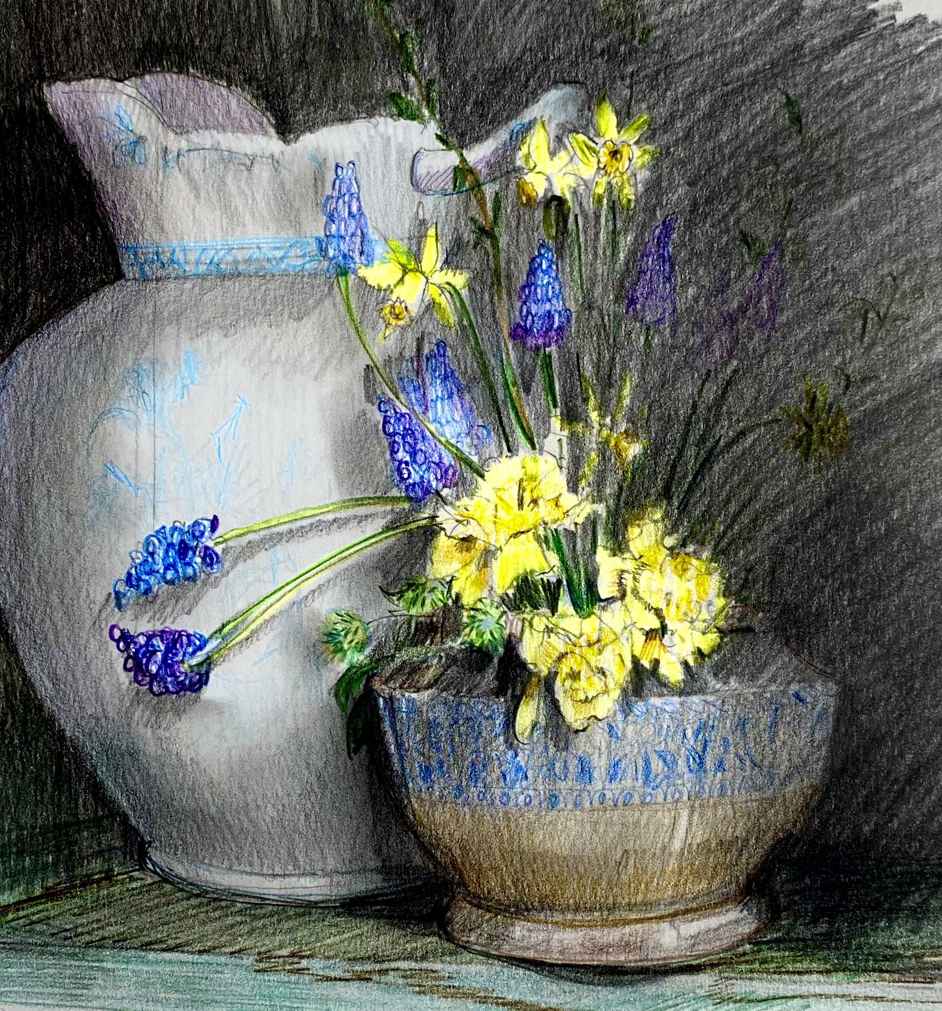 Spring bulbs in a glazed bowl, graphite, colored pencils