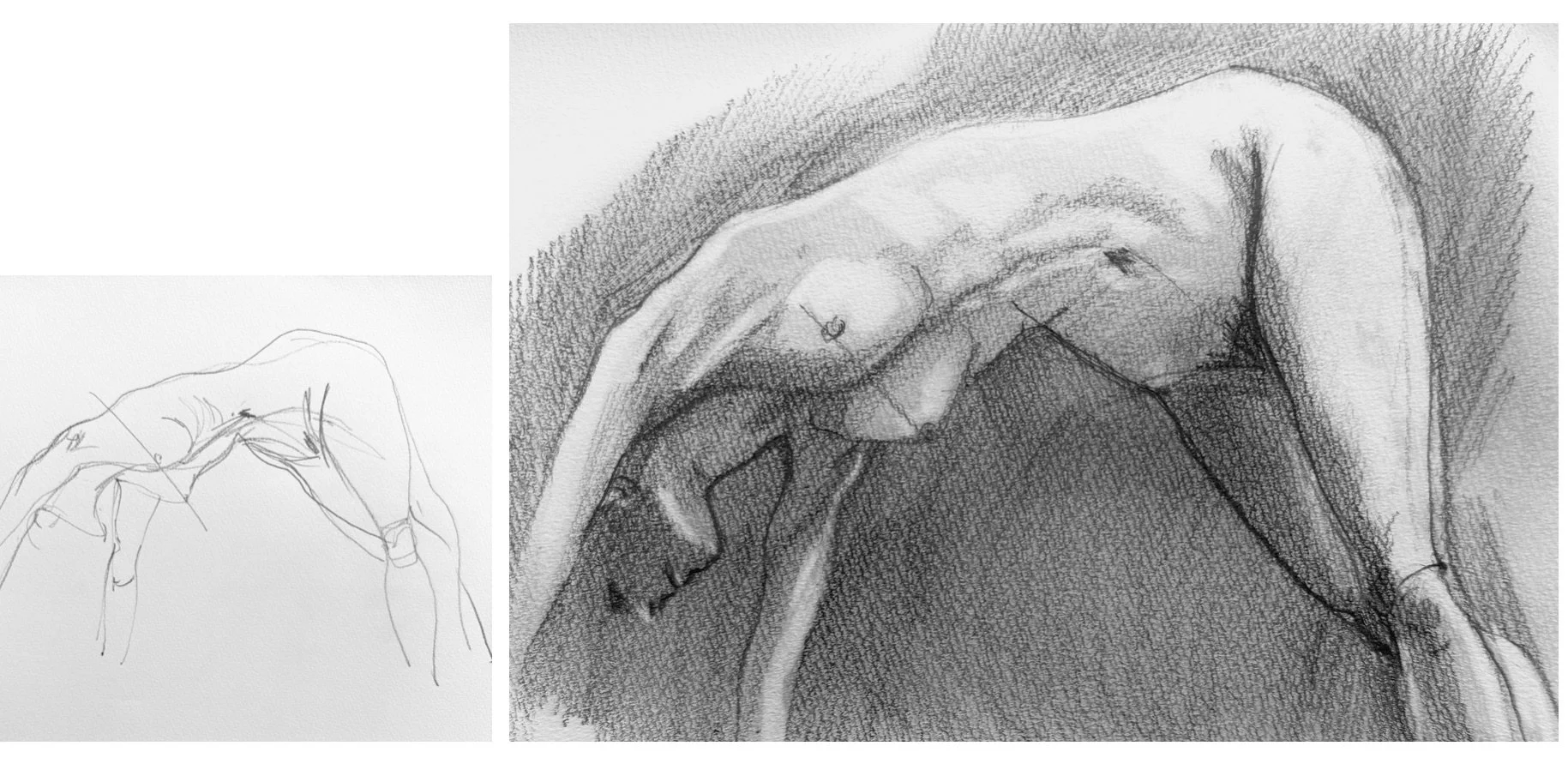 Contour Drawing (L), and finished Drawing(R), both 11 x 14"
