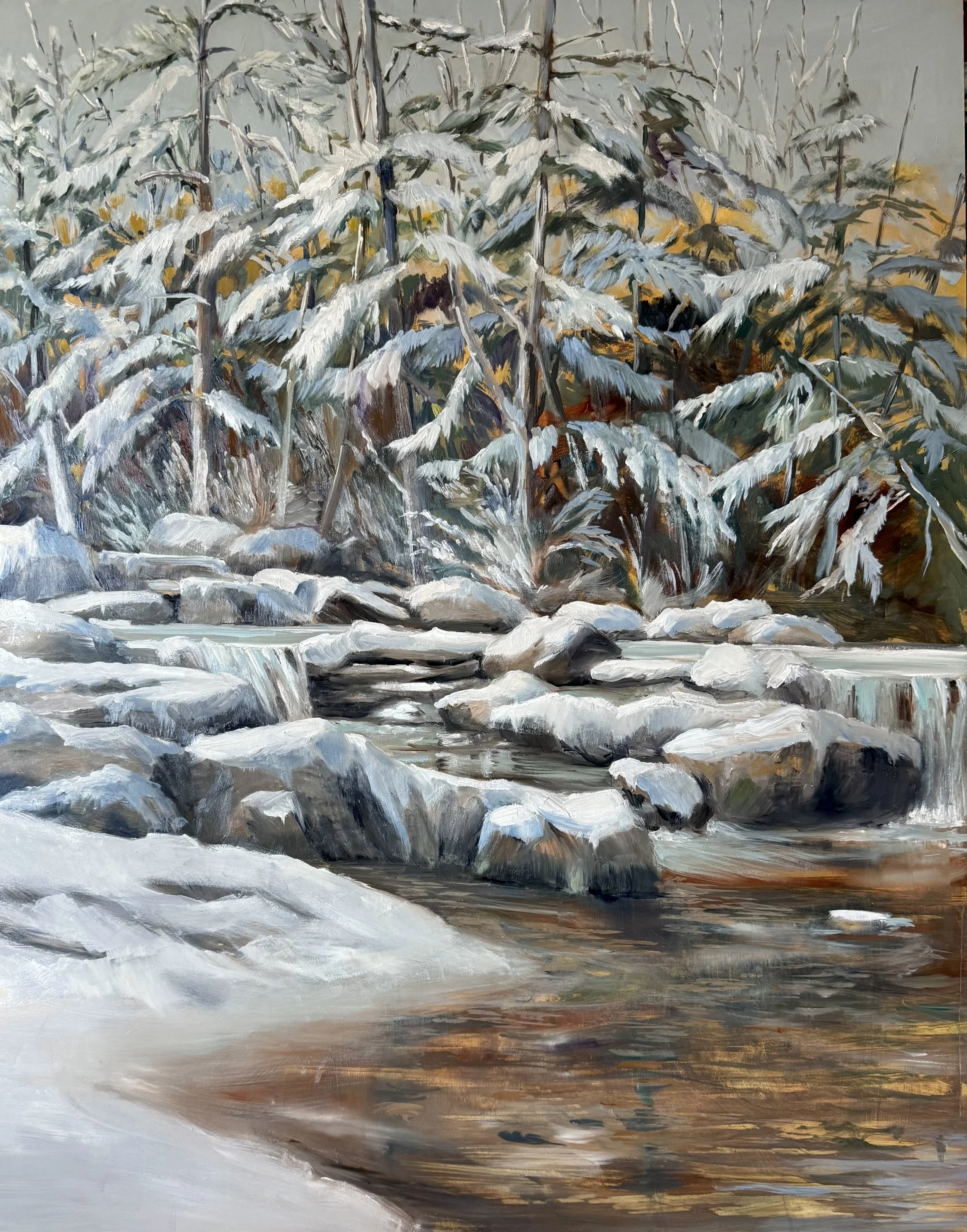 "Swift River, First Snow", Lincoln NH, oil, 36 x 48"
