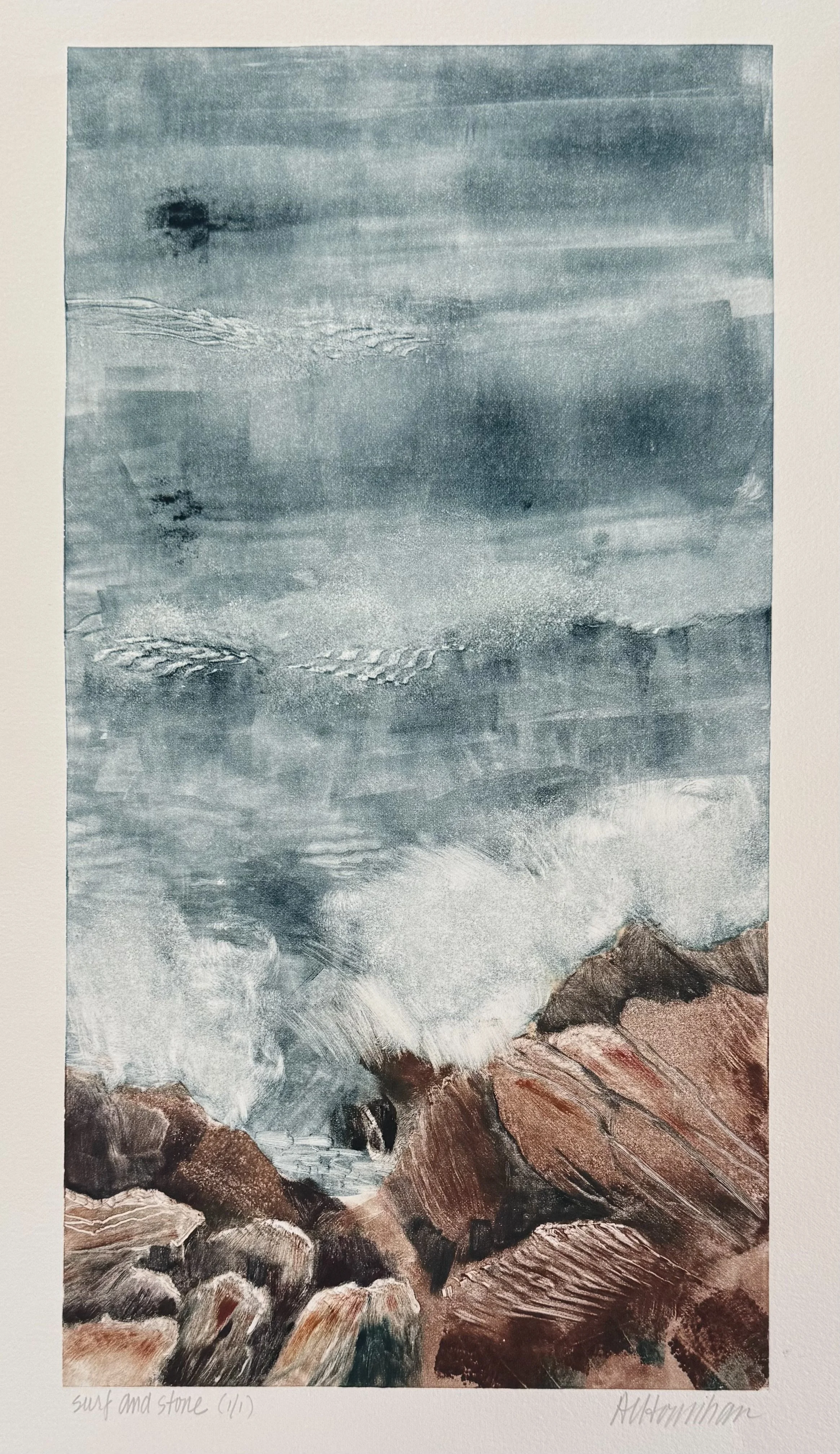 Surf and Stone,(1/1)  9 x 20", monotype, Oil