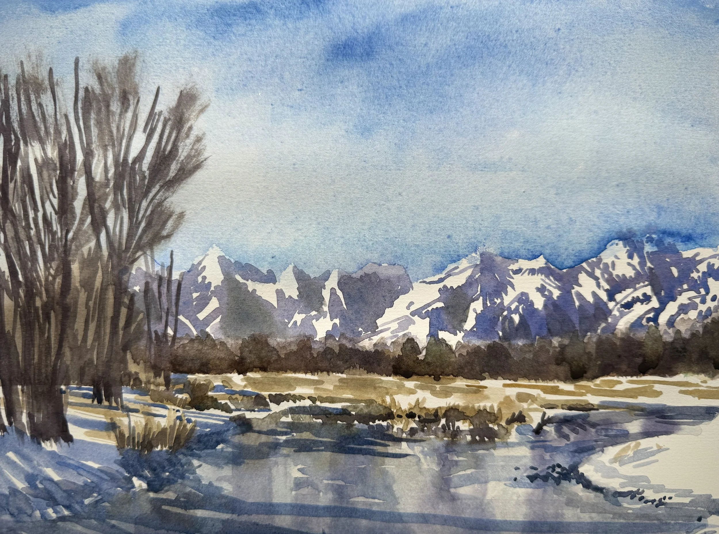 Tetons and Snake River, WY, watercolor, 9 x 12"
