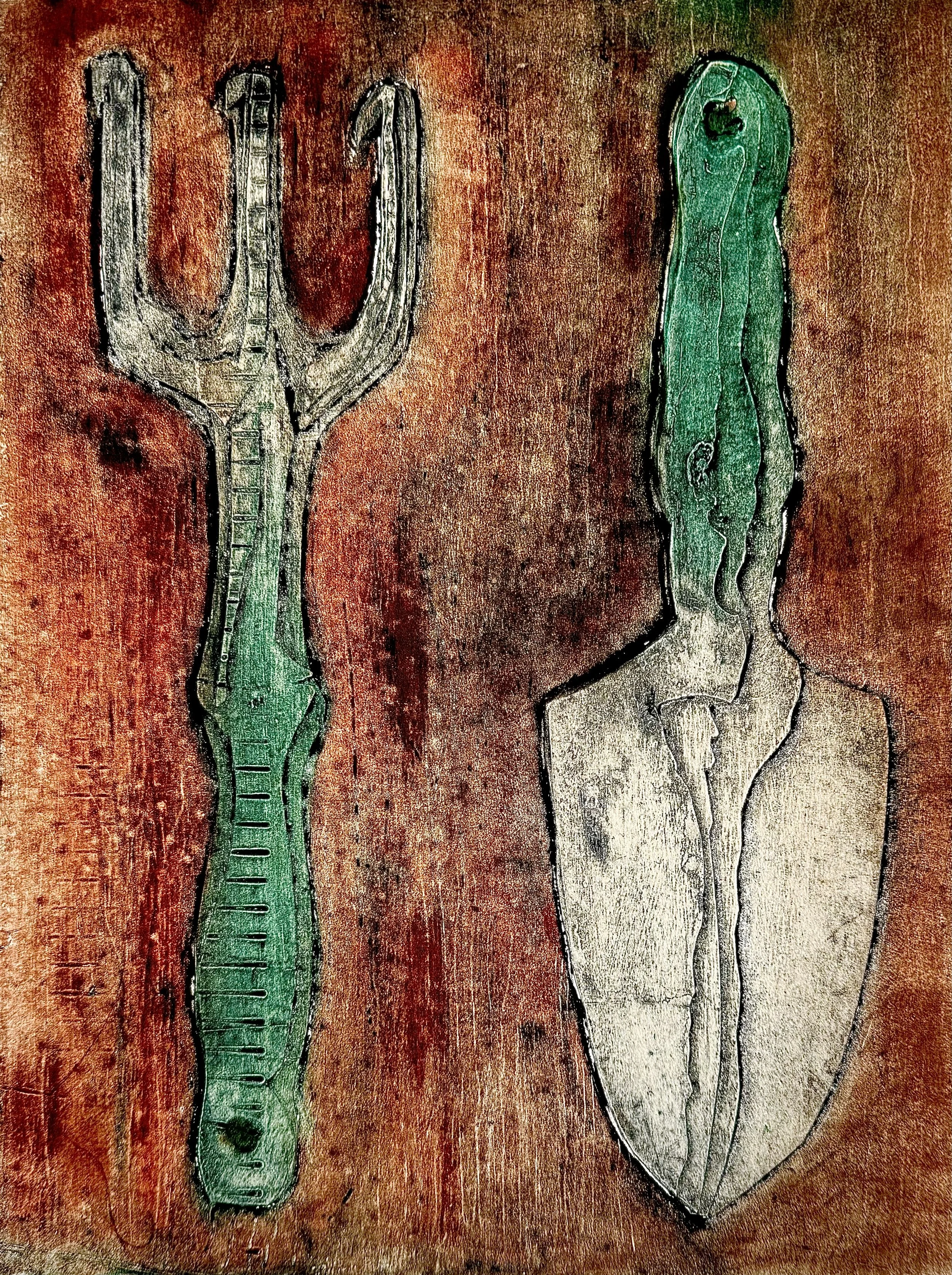 Garden Tools, Collagraph. 2/2, 8 x 10"