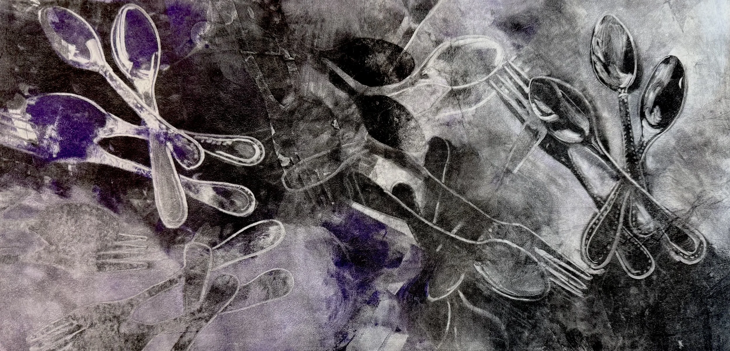  Spoons, Viscosity Monotype, 12 × 24”, oil on Japanese washi. 