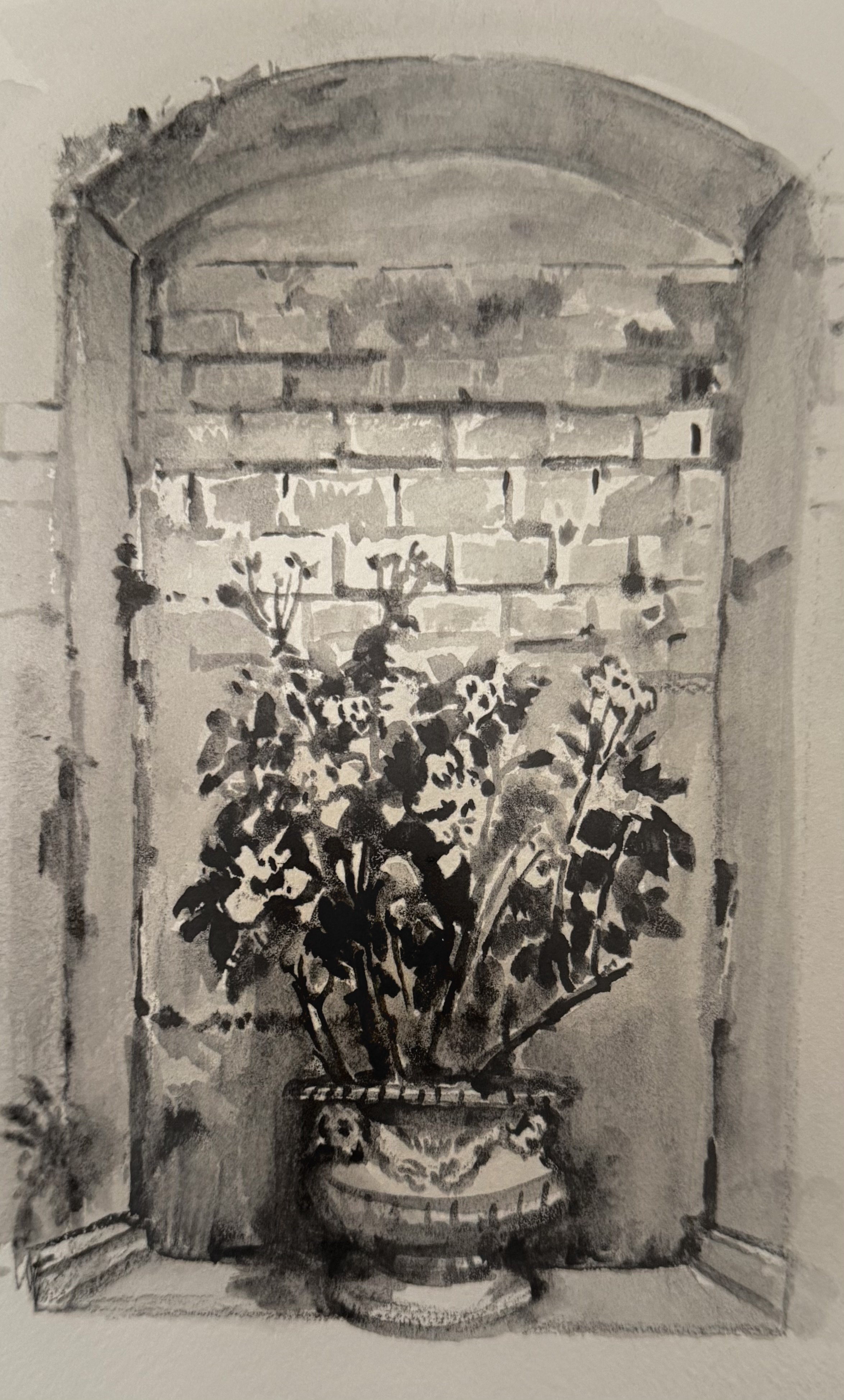 Garden Niche, Oxford, UK, watercolor graphite, 7 x 10"