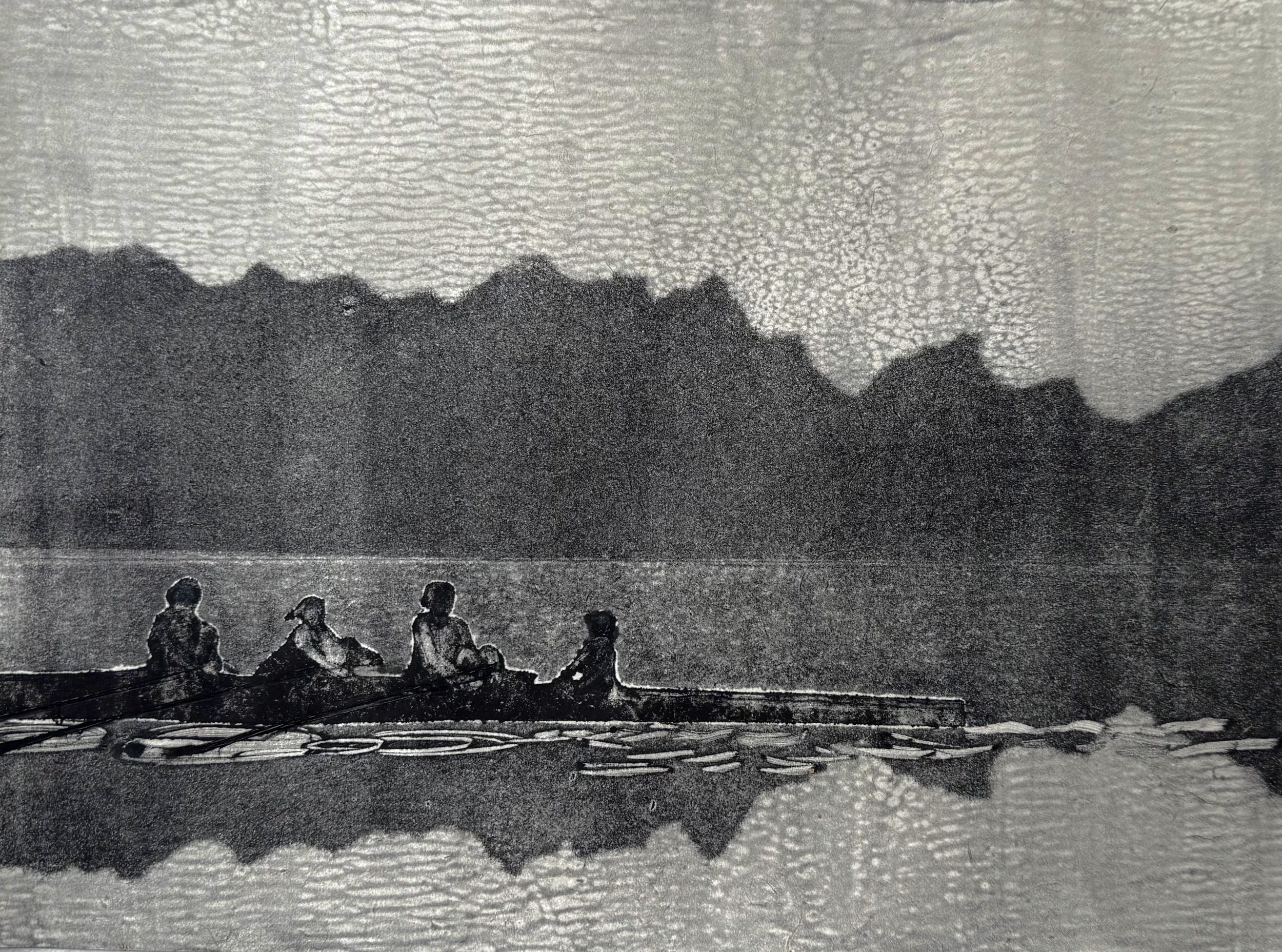  “Early Morning Rowers”, Connecticut River, Hanover NH.  Oil monotype, handmade stencils, (1/1), 12 × 16. 