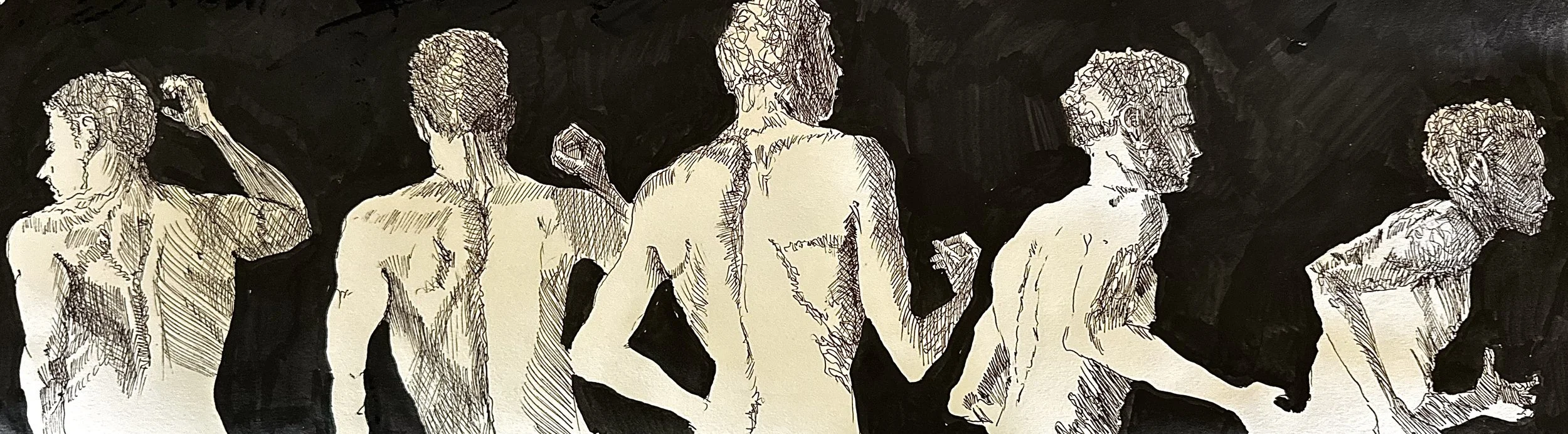 Stand, Pivot, Run, 7" x  24", ball point pen, India ink on paper