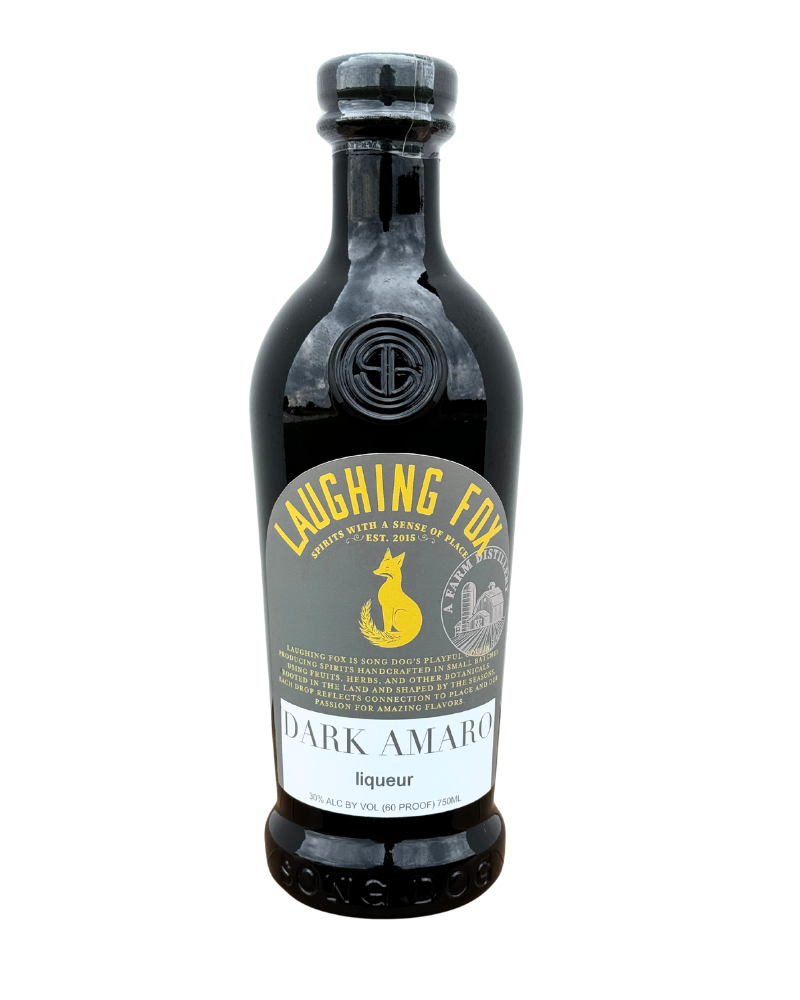 A black glass bottle of Laughing Fox Dark Amaro liqueur with a yellow fox logo on the label.
