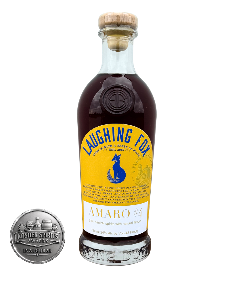 A bottle of Lauching Fox Amaro #4, a grain neutral spirit with natural flavors, 750 ml with 24% alcohol, alongside a Kosher Spirits Awards inaugural medal.