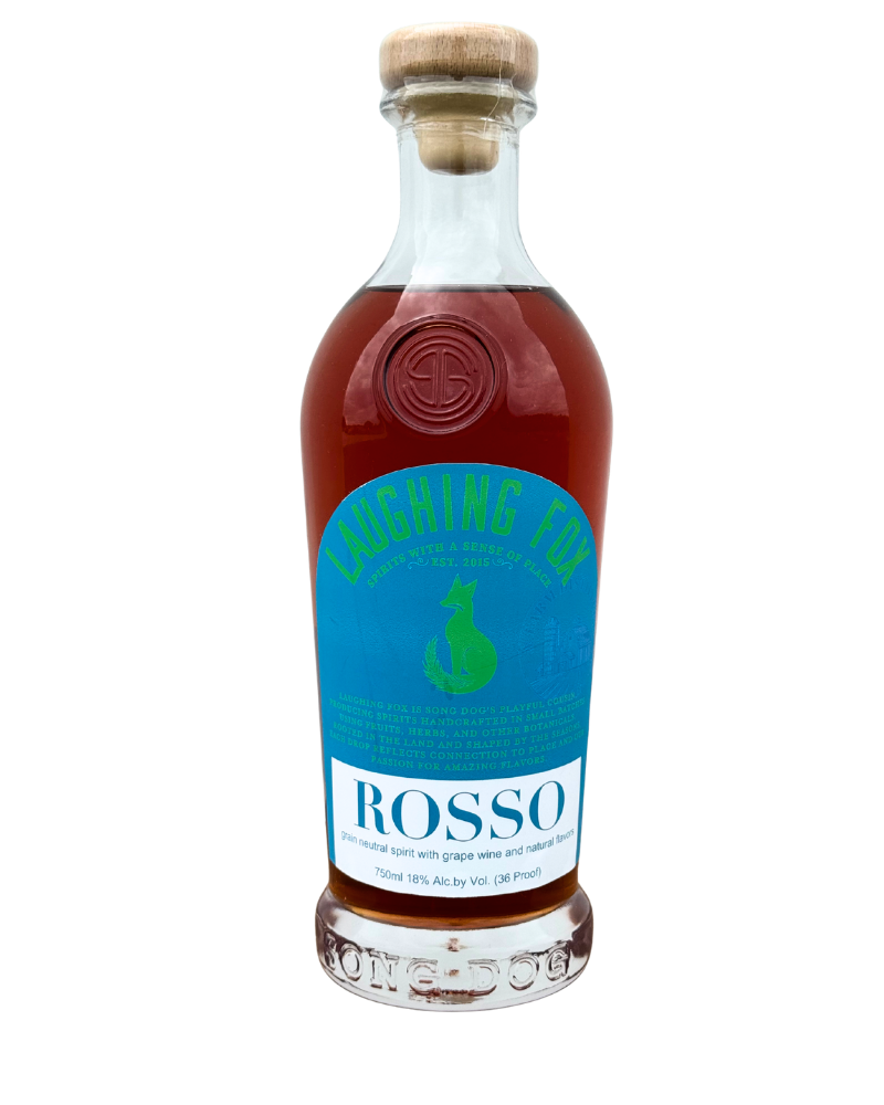 A glass bottle labeled 'Rosso' containing grape wine and natural flavors, with a cork top and a blue label featuring a green kangaroo silhouette and the brand name.