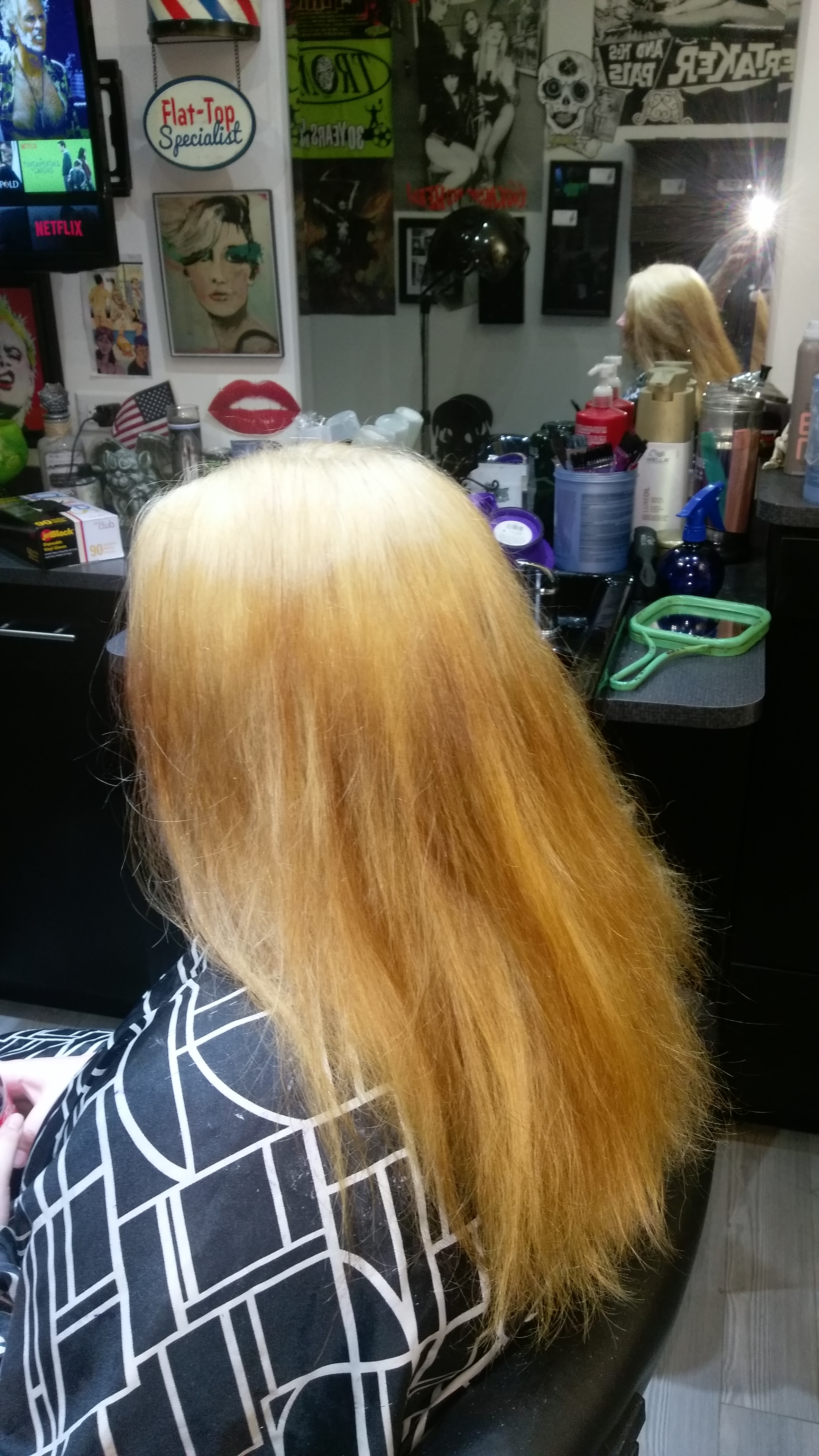 Color correction. She had black and red hair dye plus 4 inches of new growth. She wanted galaxy hair.
