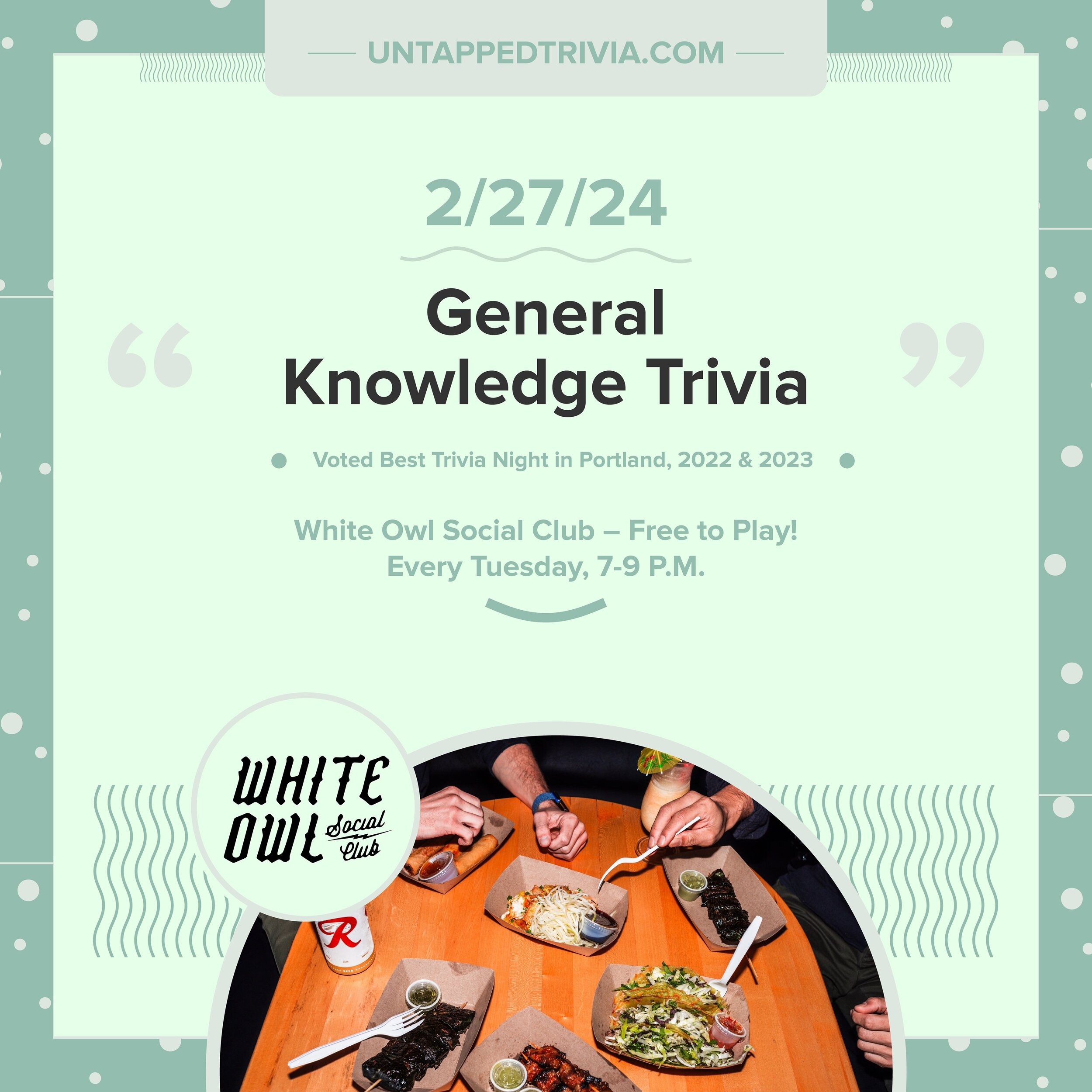 On Tap for 2/27/24 &mdash; Spread those gorgeous wings and coast on over to @whiteowlsocialclub for some raucous trivia fun! This evening will include two rounds of general knowledge trivia, a picture round, and an audio round!
&hellip;
🎤 In-Person 