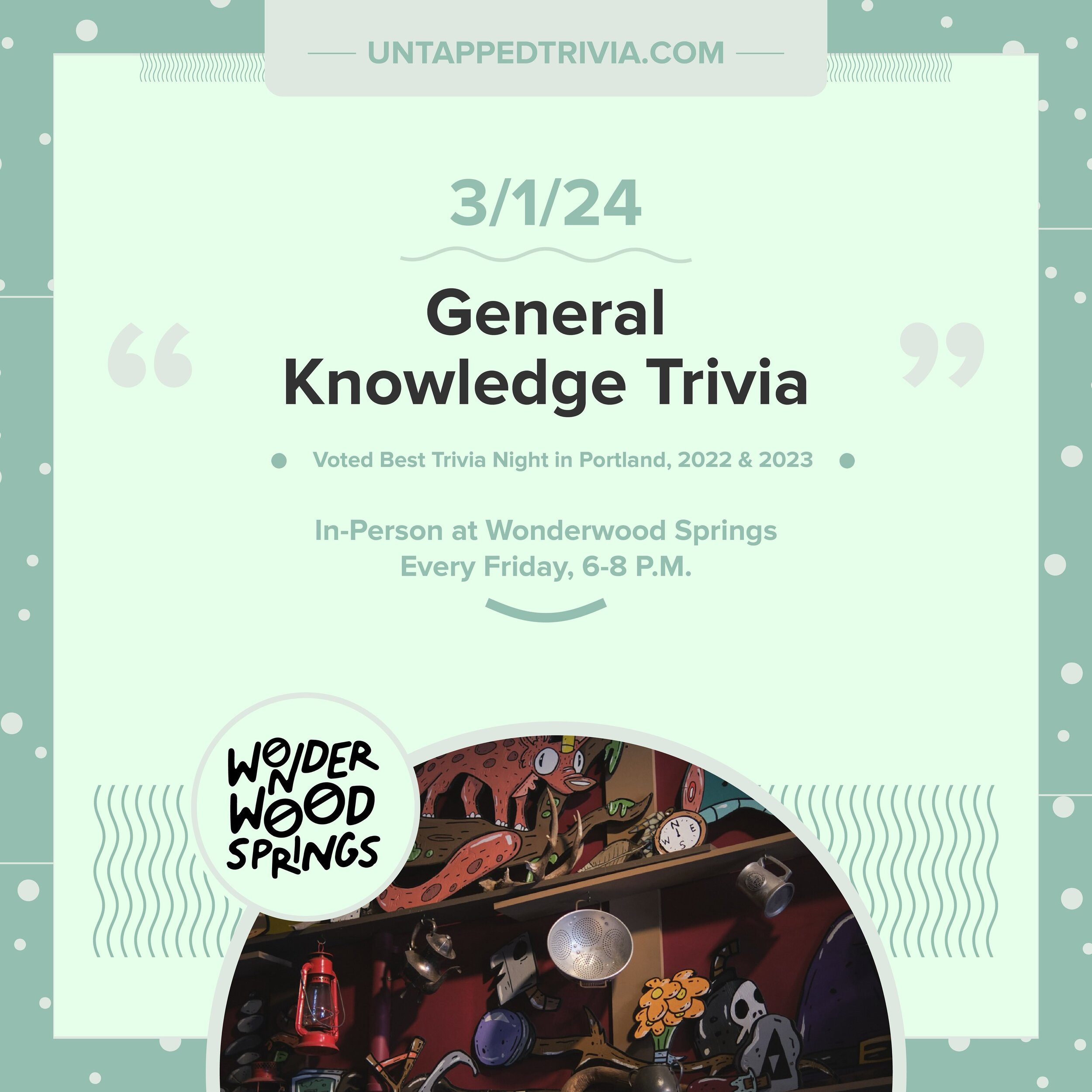 On Tap for 3/1/24 &mdash; Friday! Join us for trivia, sweet and savory eats, delicious soft serve, and incredible local brews! We&rsquo;re at @wonderwoodsprings 6-8 p.m. with two rounds of general knowledge trivia, picture round, and audio round. 
&h