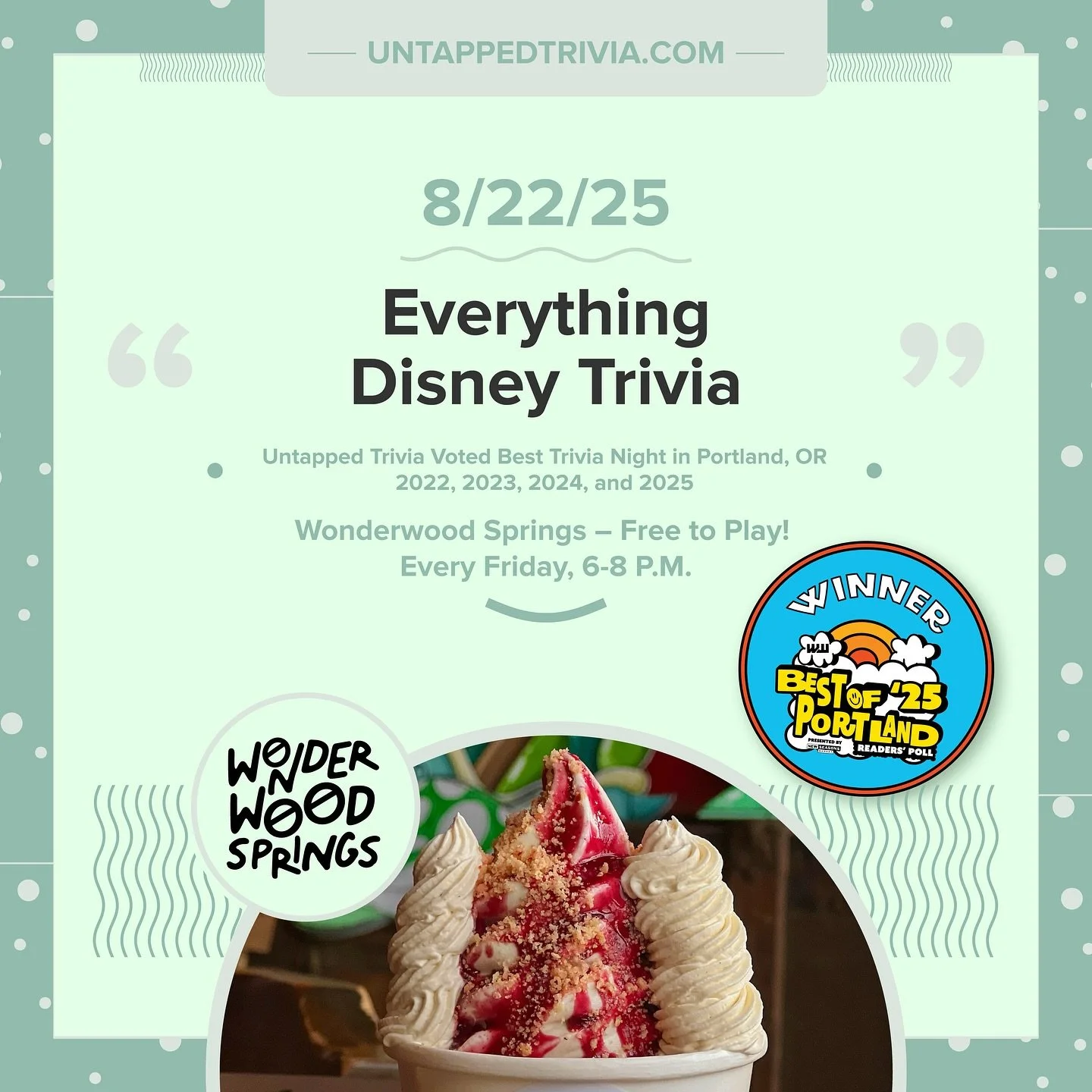 On Tap for 8/22/25 &mdash; Beat the heat and join us in the A/C at @wonderwoodsprings for an Everything Disney trivia event!! Soft serve, local brews, and delicious eats! 6-8 p.m. Four rounds of trivia with audio round.
&hellip;
🎤 In-Person 6-8 p.m.
